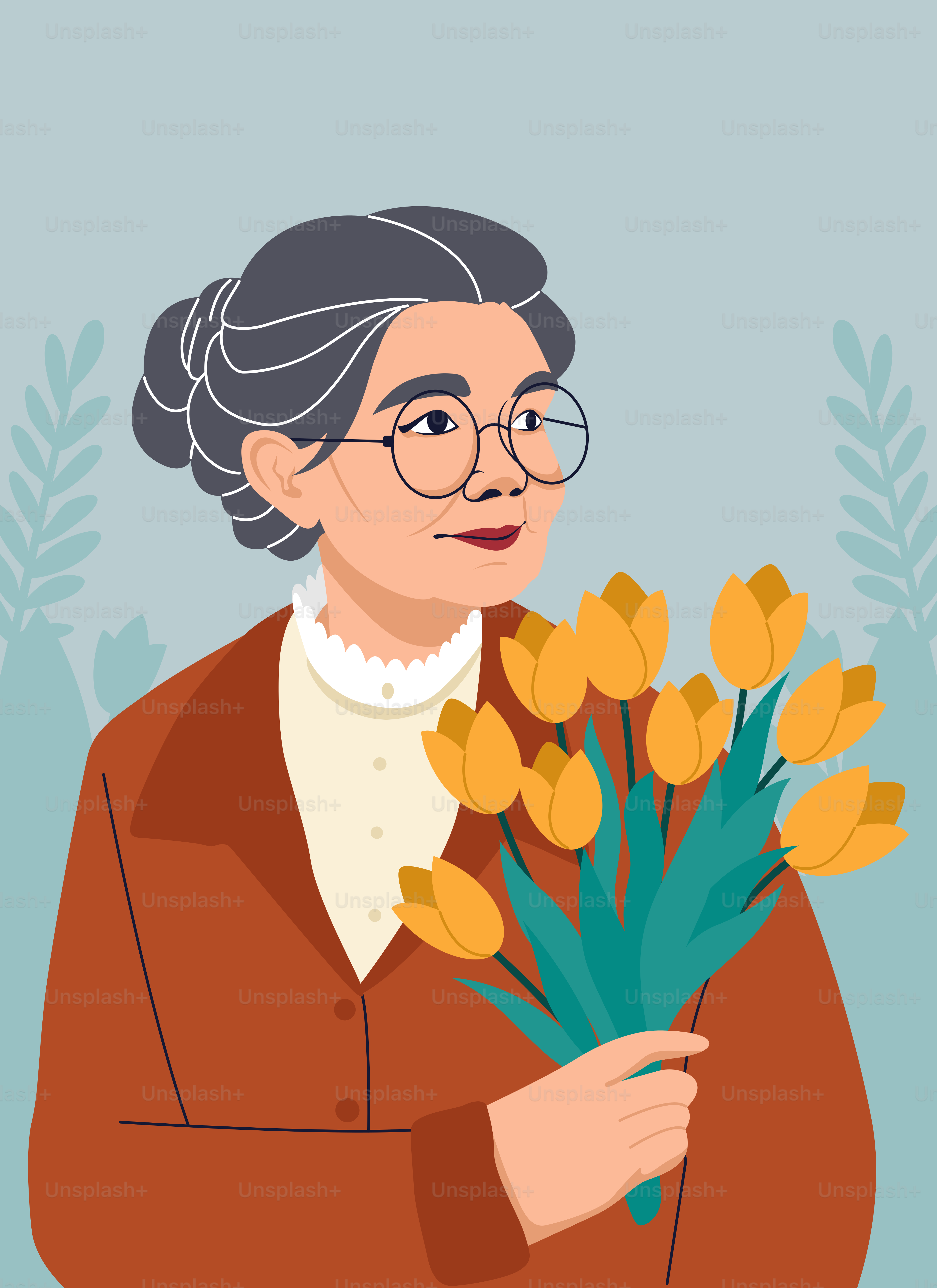 An older woman holds yellow tulips.