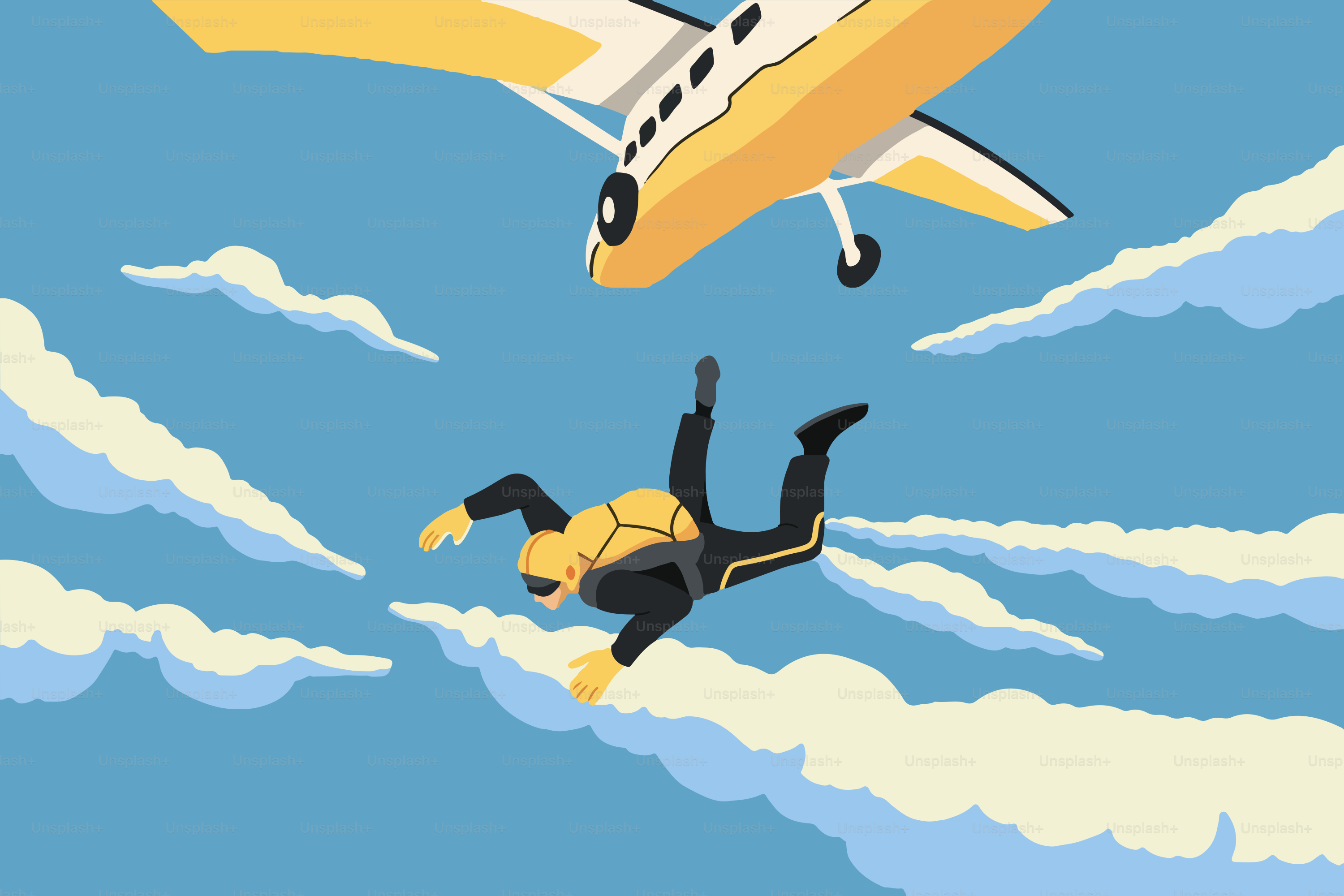 A skydiver is falling from a yellow plane.