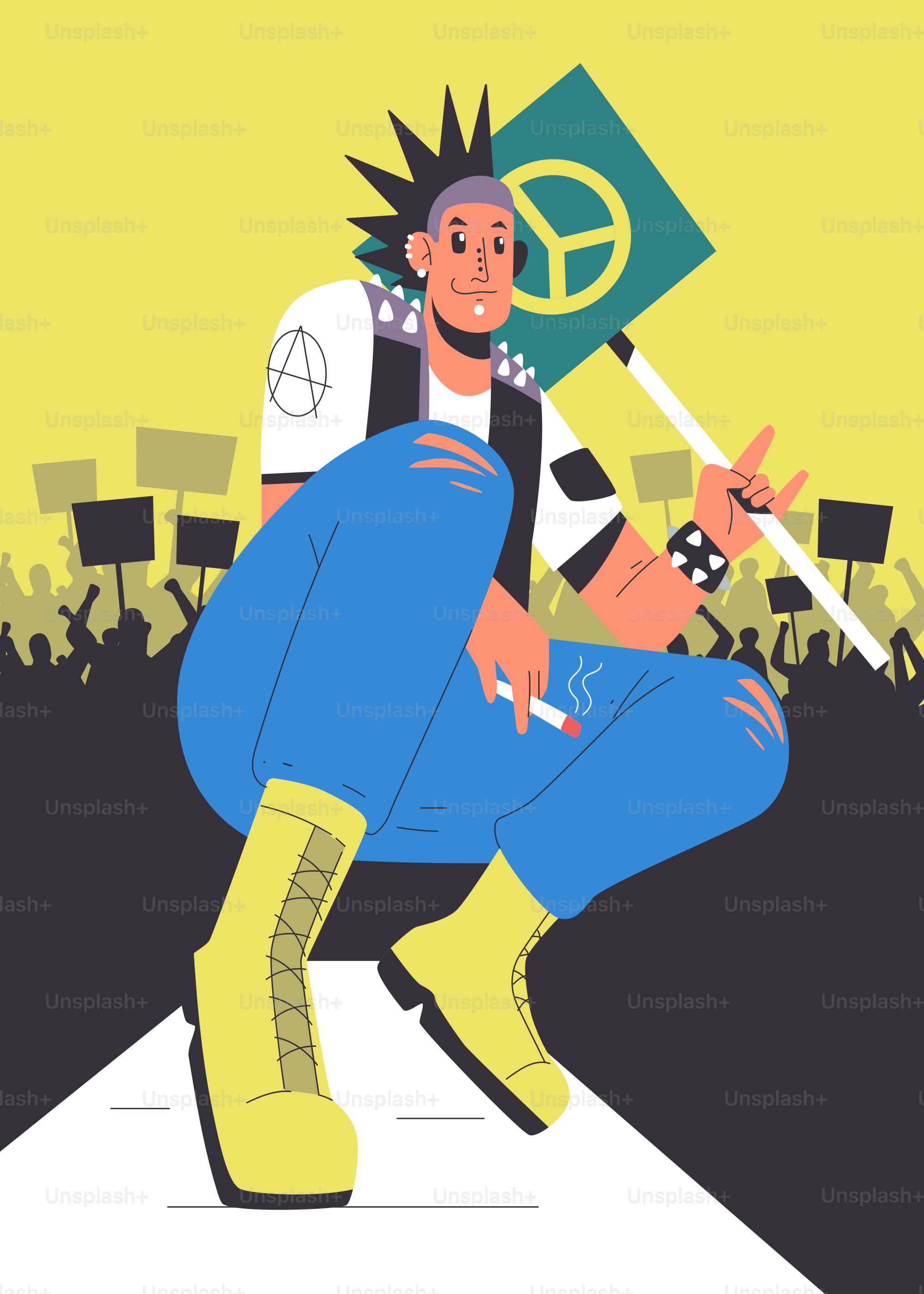 Um manifestante punk segura um sinal de paz em um comício.