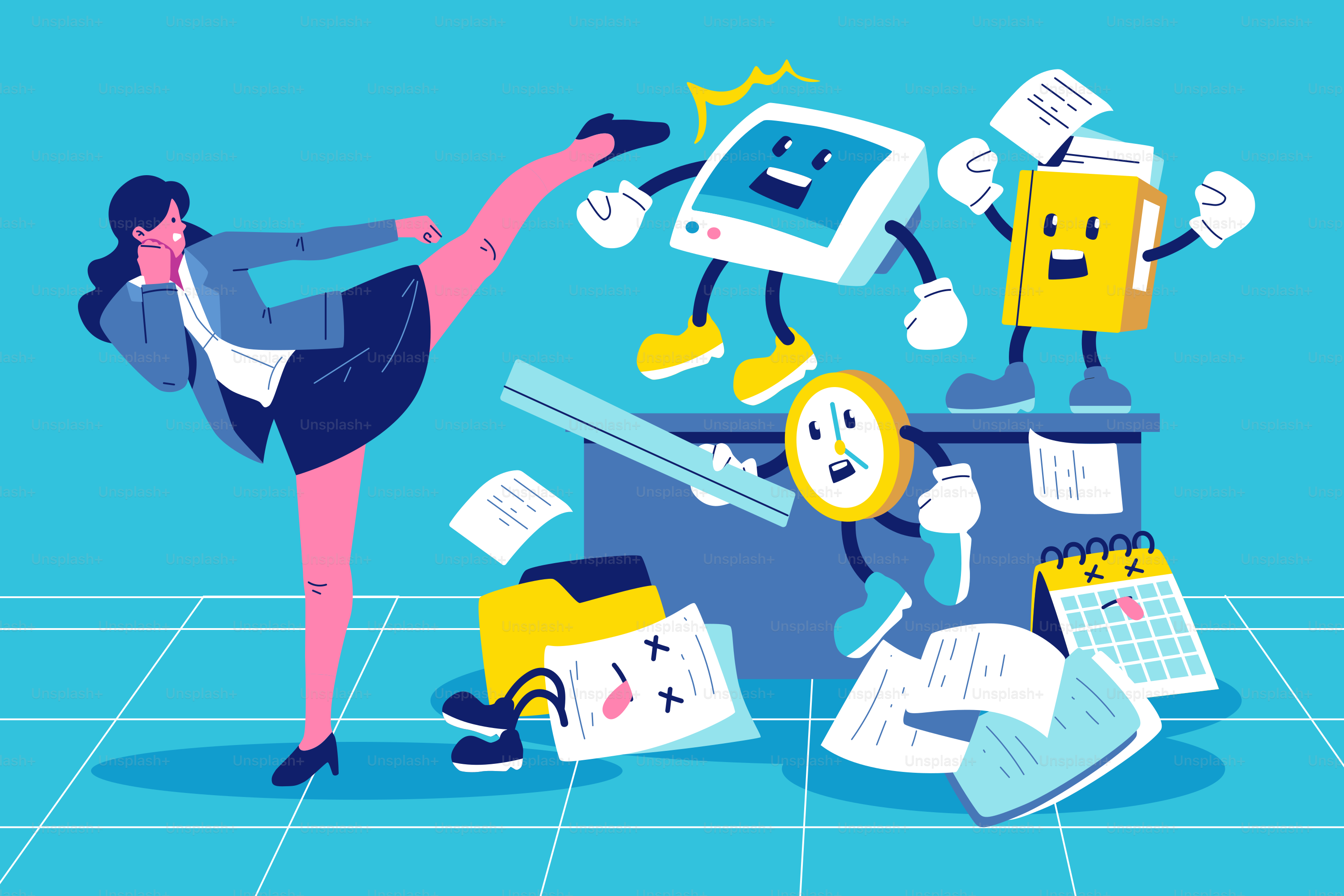Woman fights workplace stress and paperwork.