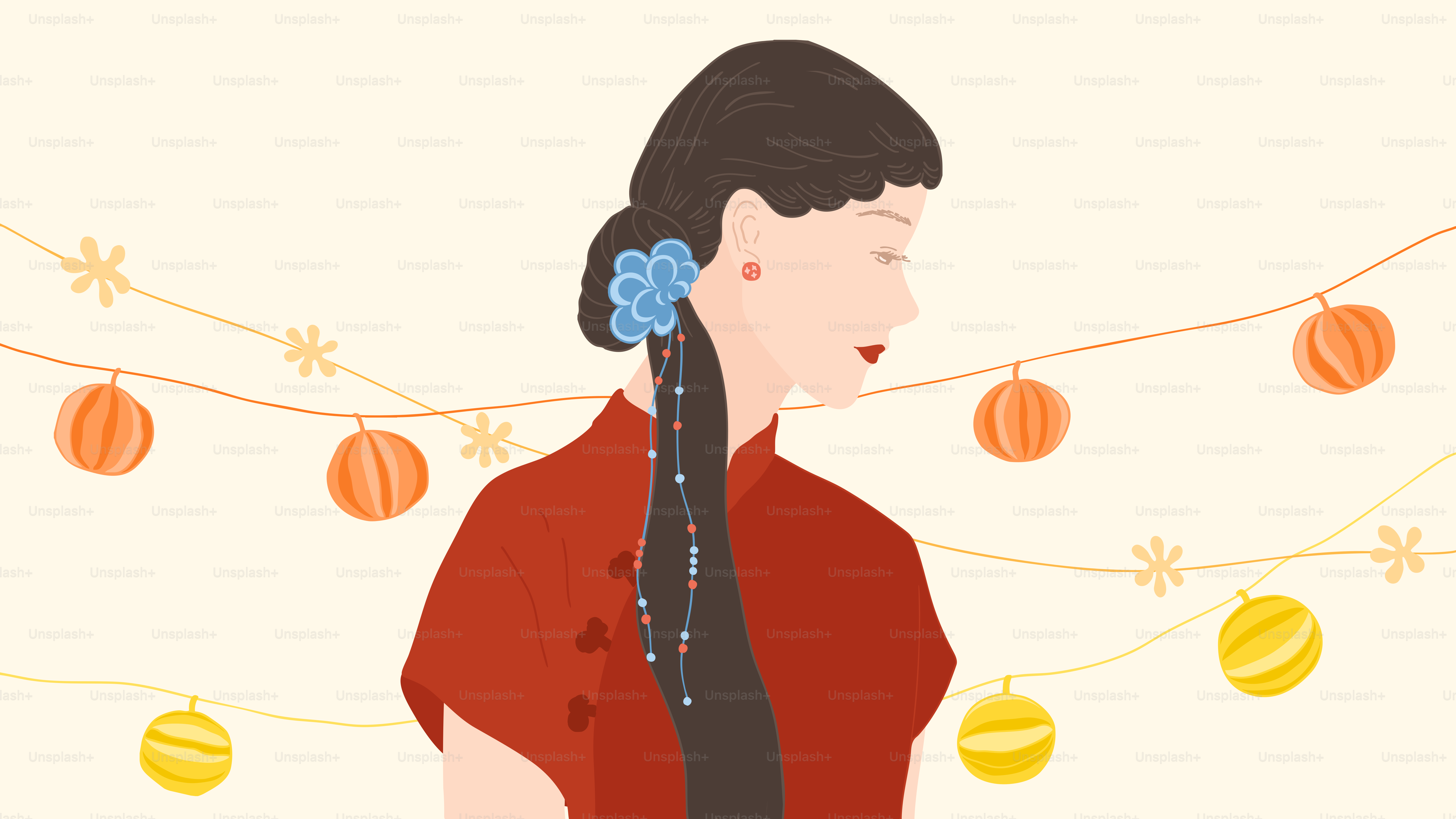 A woman in red with lanterns.