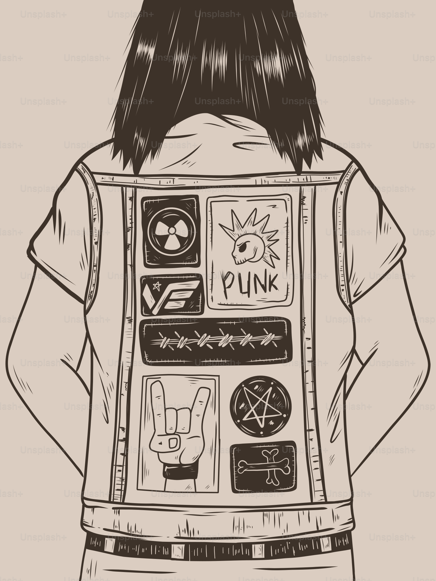 Punk with patches on the back of their denim jacket.