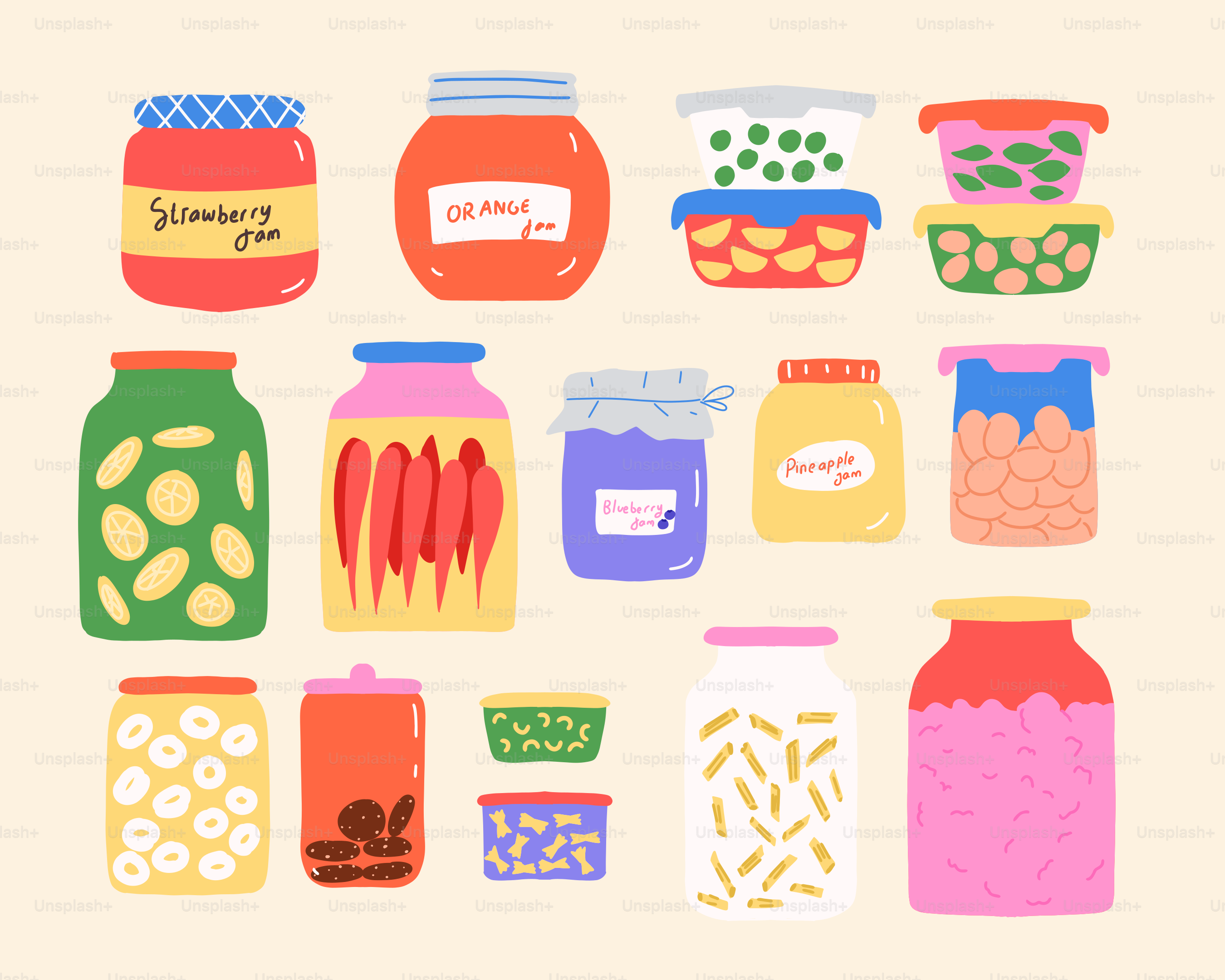 Various colorful jars and containers filled with food.