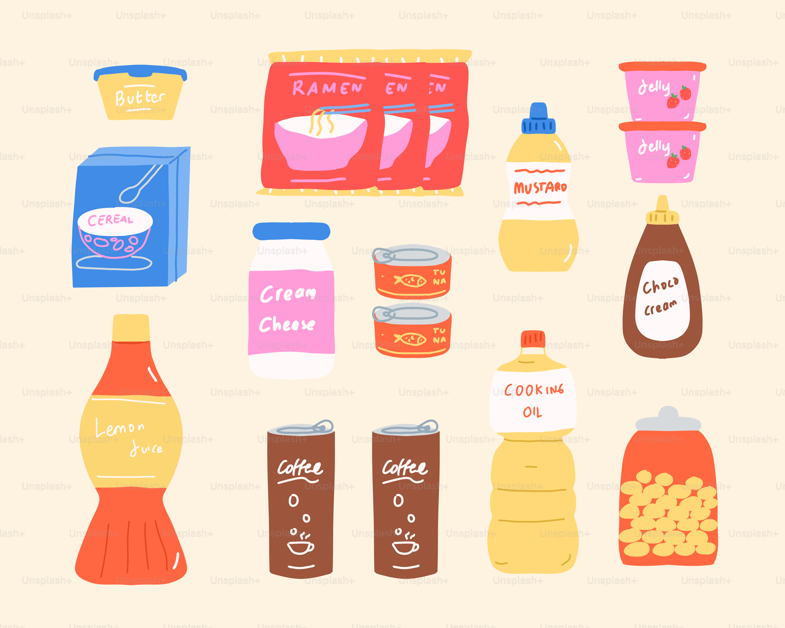 Groceries and pantry staples are arranged neatly.