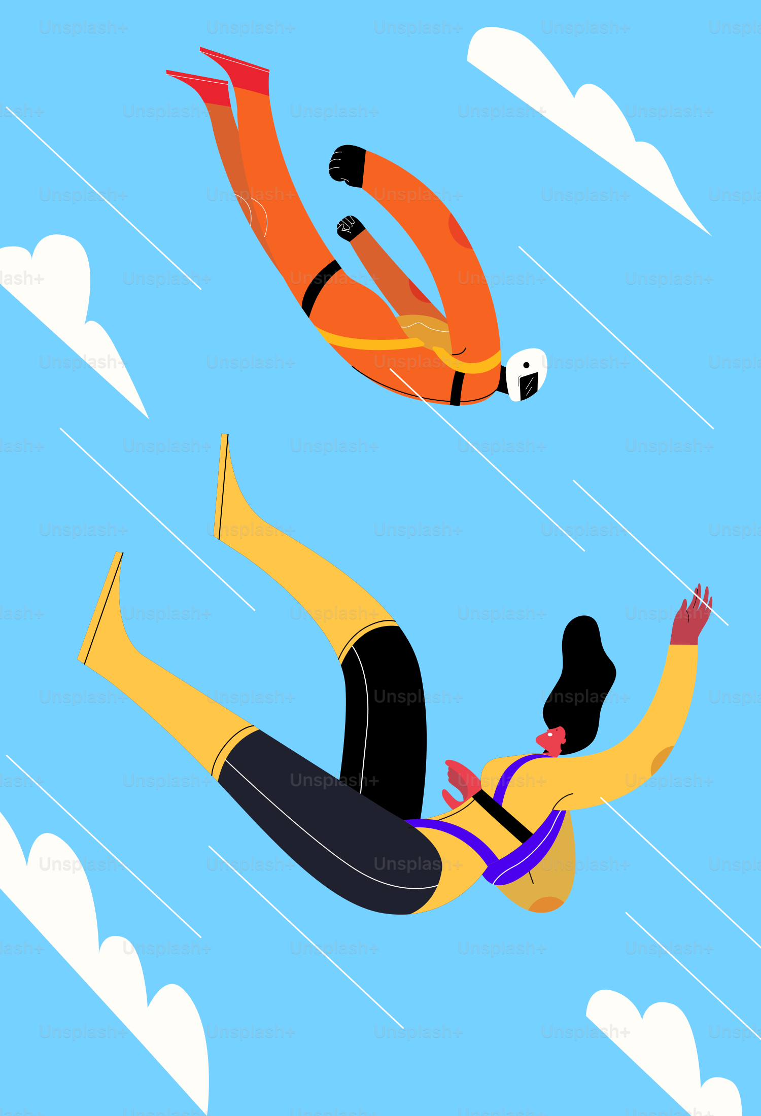 Zwei Personen springen in einem klaren, blauen Himmel Fallschirmspringen.