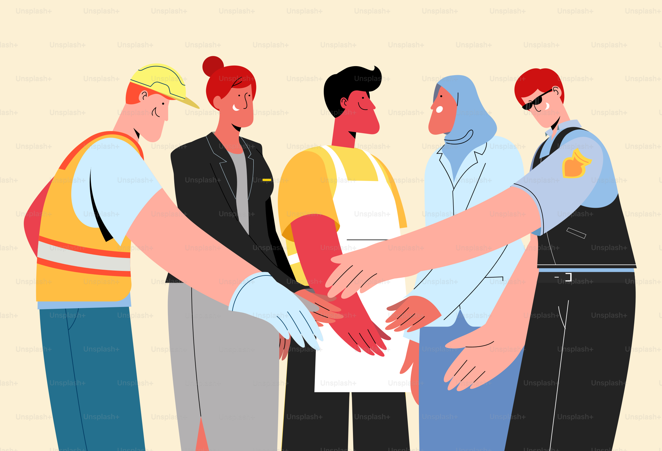 Professionisti diversi si danno per la mano, lavorando insieme.