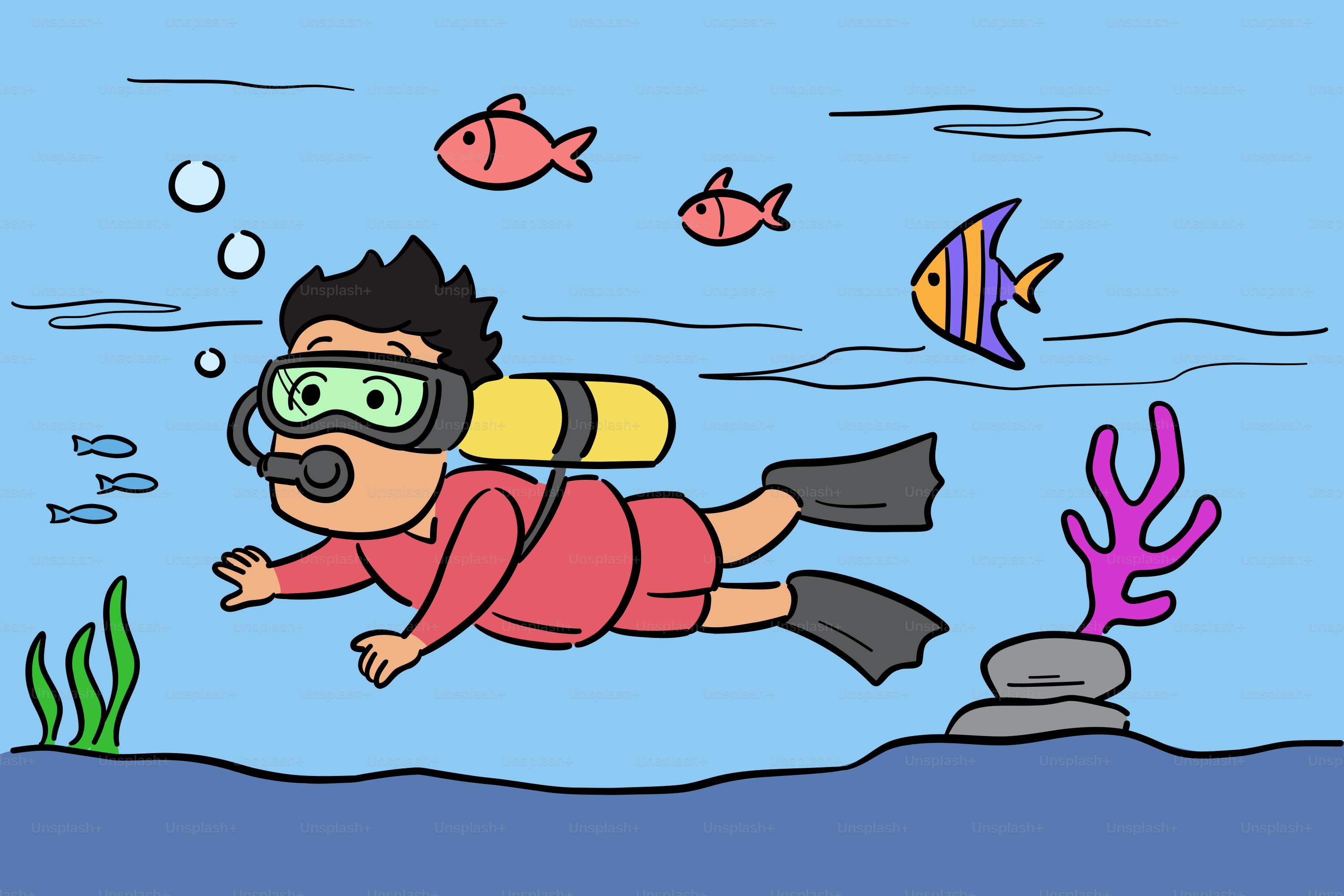 A diver swims underwater with fish.