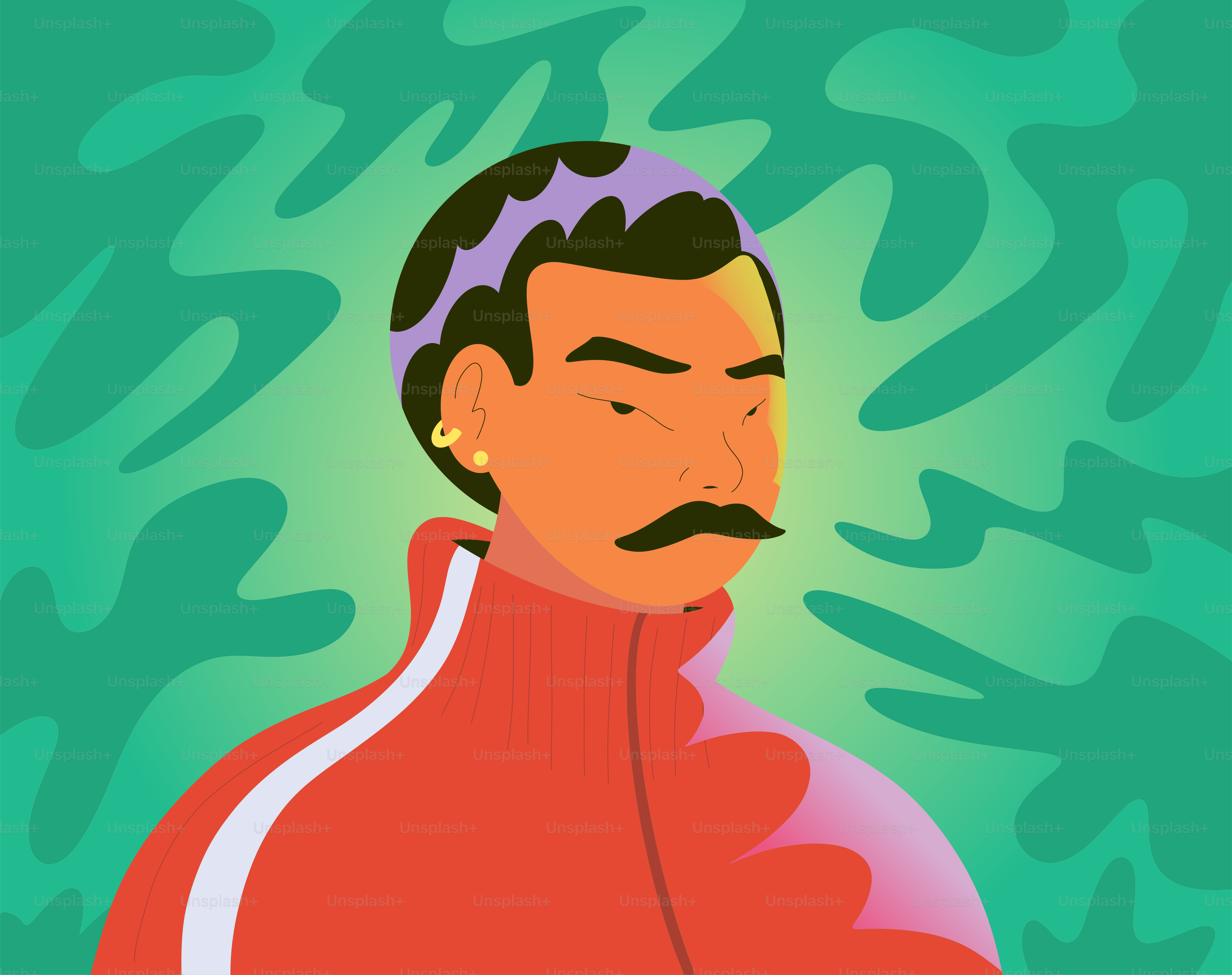 Man in a red jacket with a purple haircut.