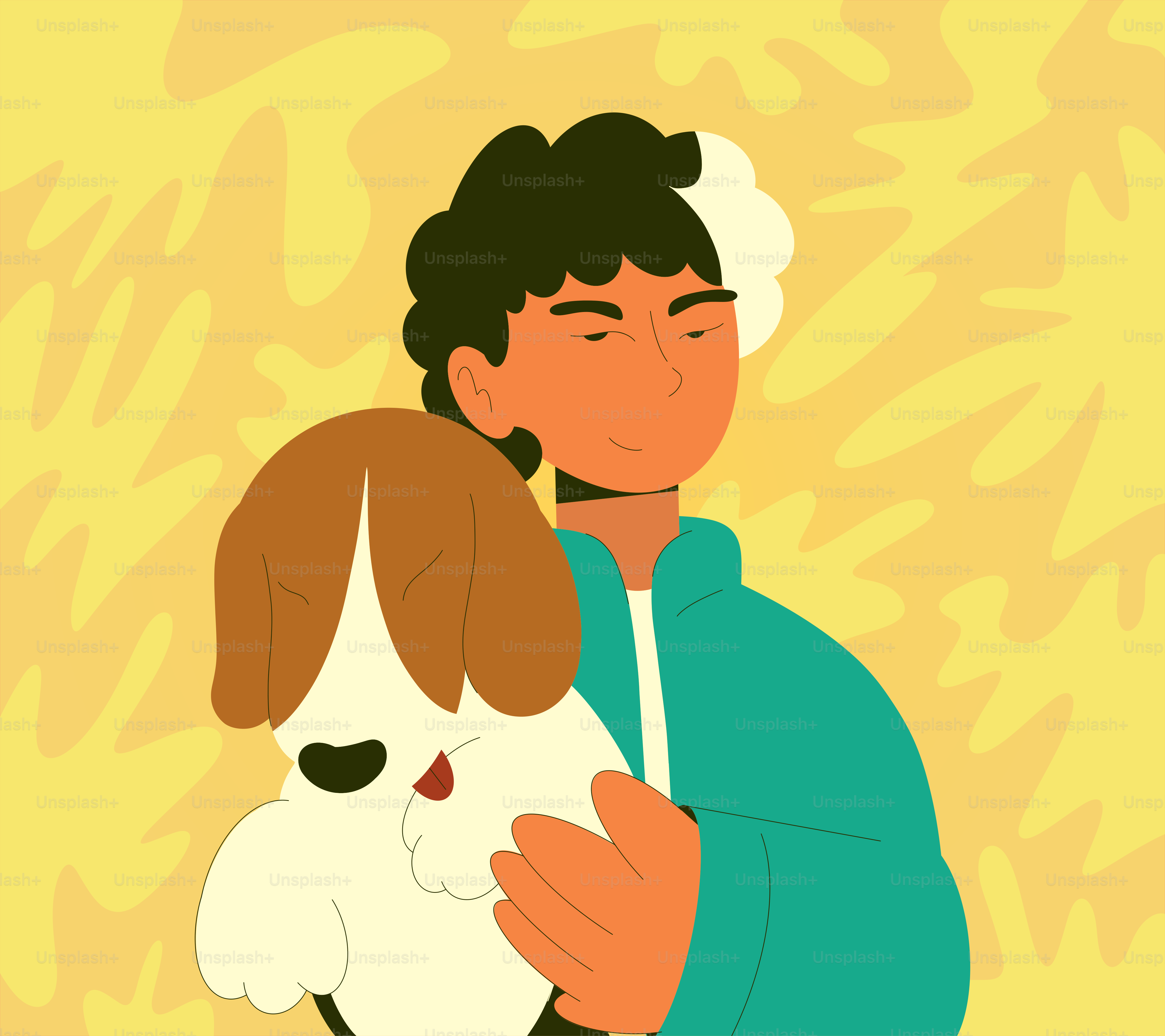 A person comforts a dog.