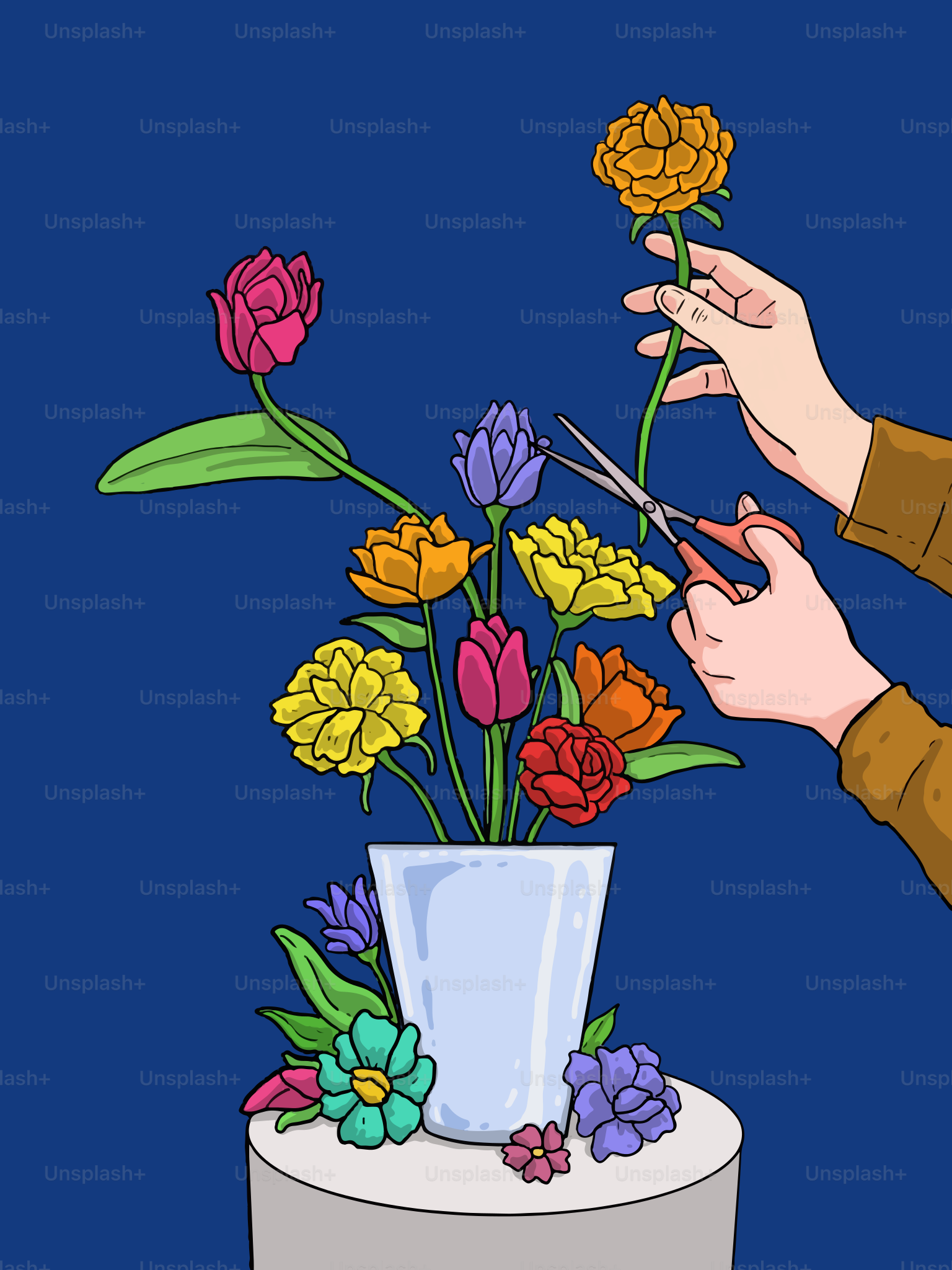 Someone is arranging flowers into a vase.