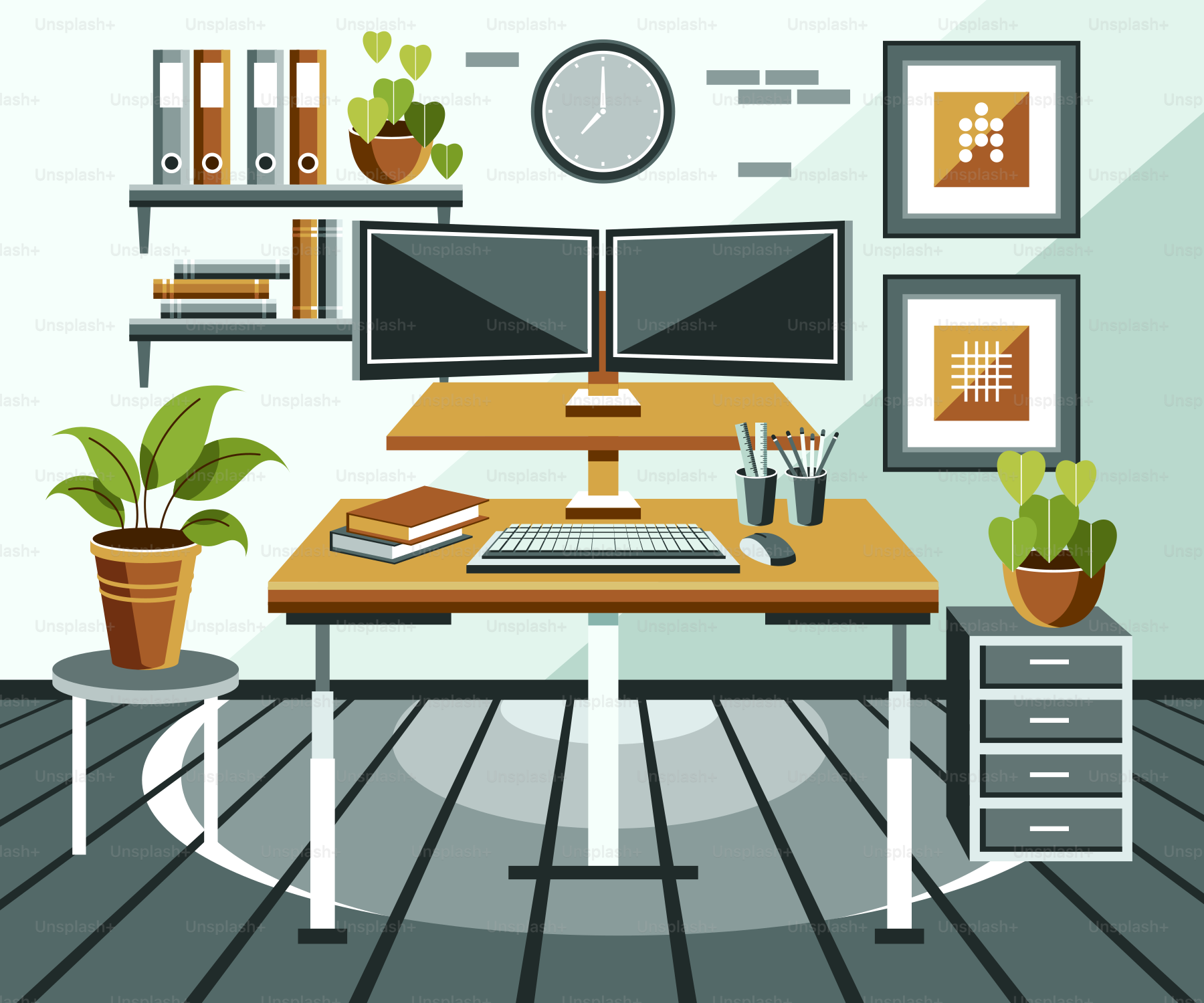Uma configuração de escritório moderna com mesa e dois monitores.