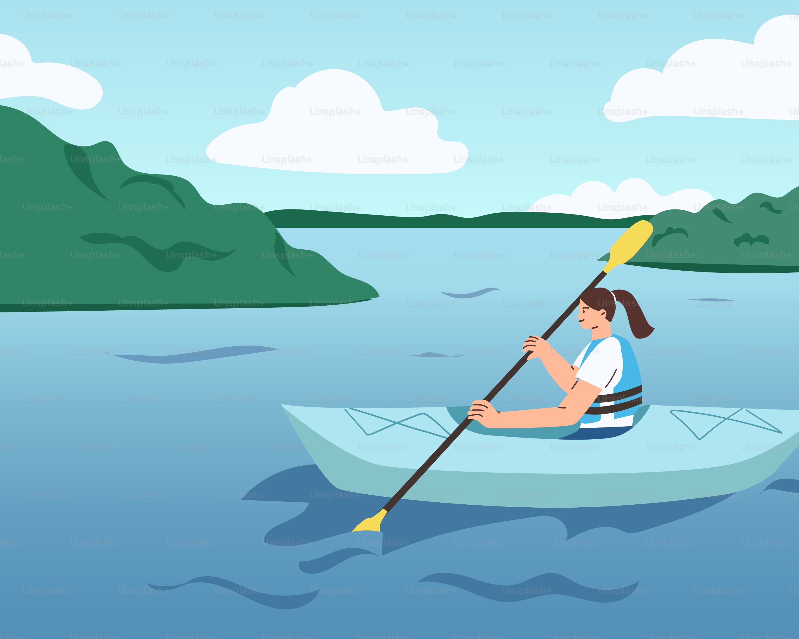 Woman kayaks on a calm lake.