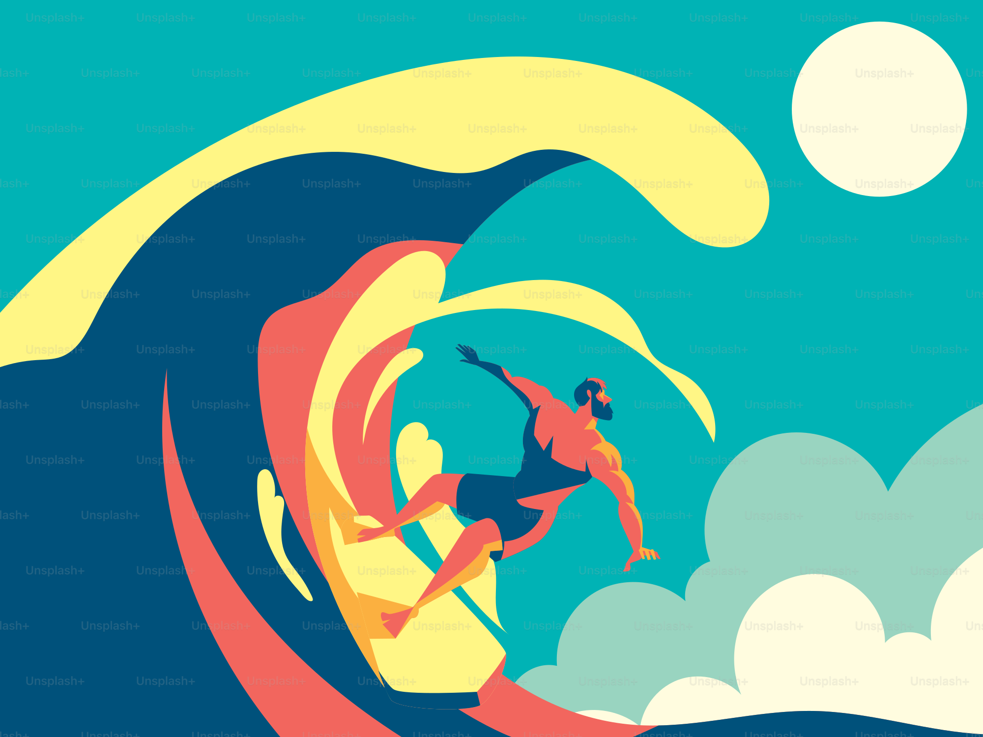 Surfer rides a giant wave in the ocean.