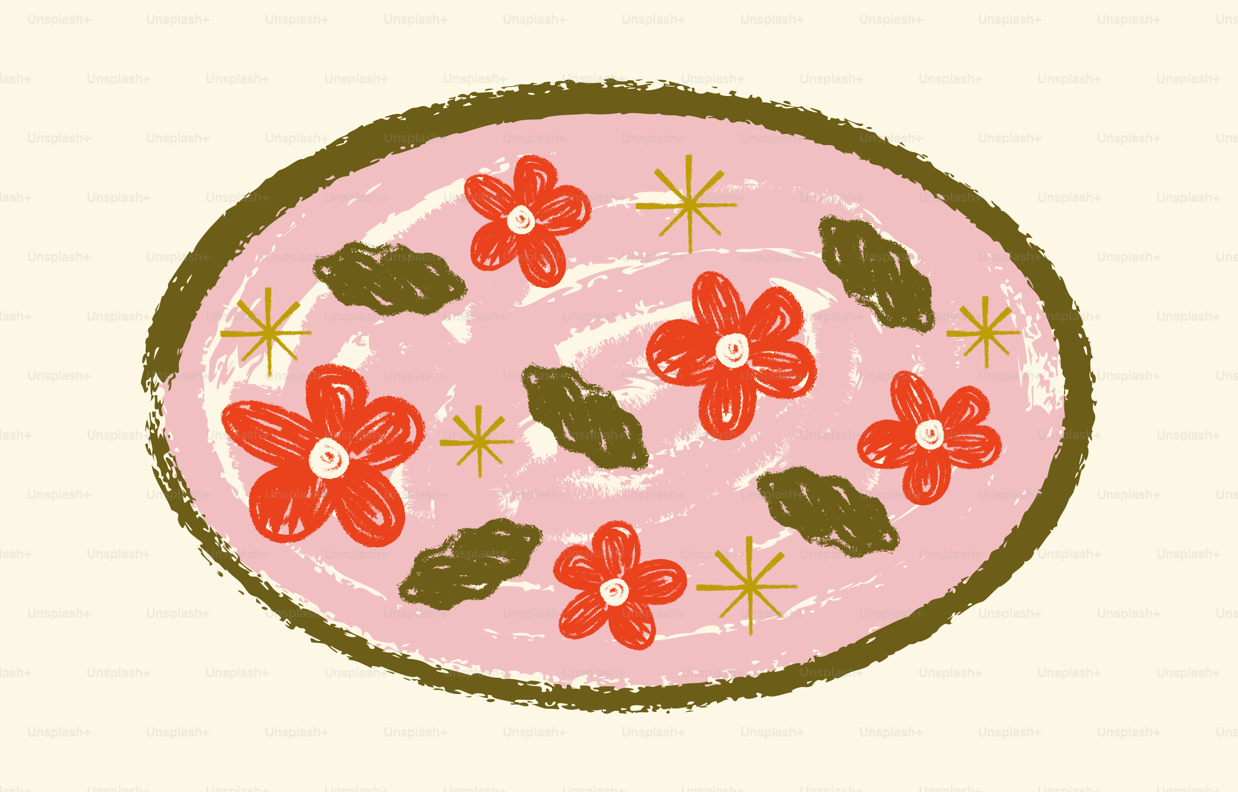 Óvalo rosado con flores, hojas y