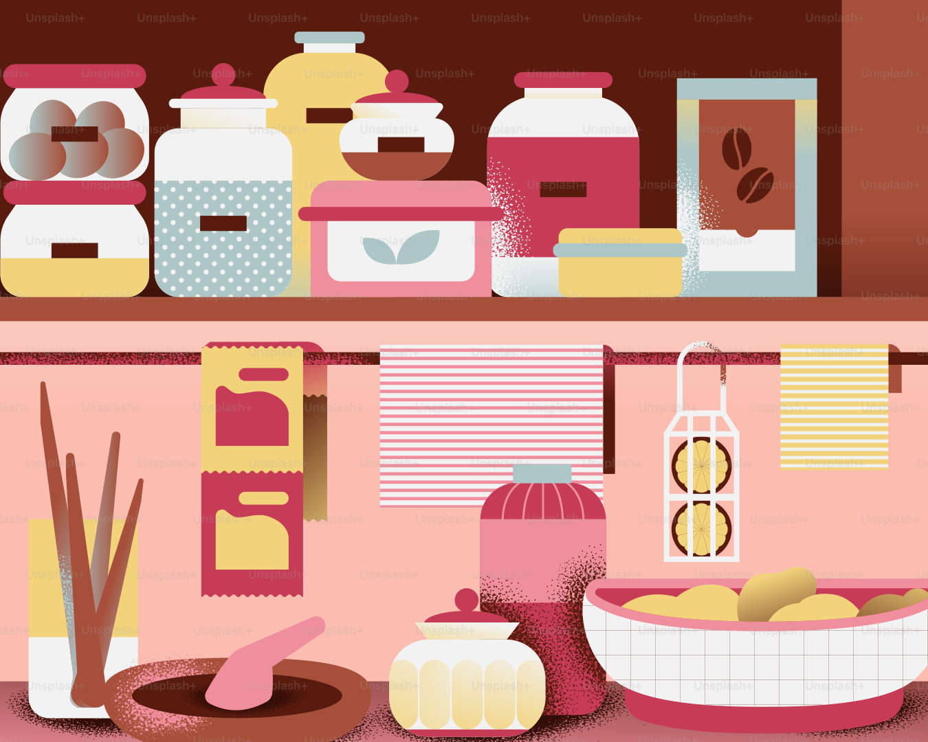 A kitchen shelf displays jars, towels, and bowls.