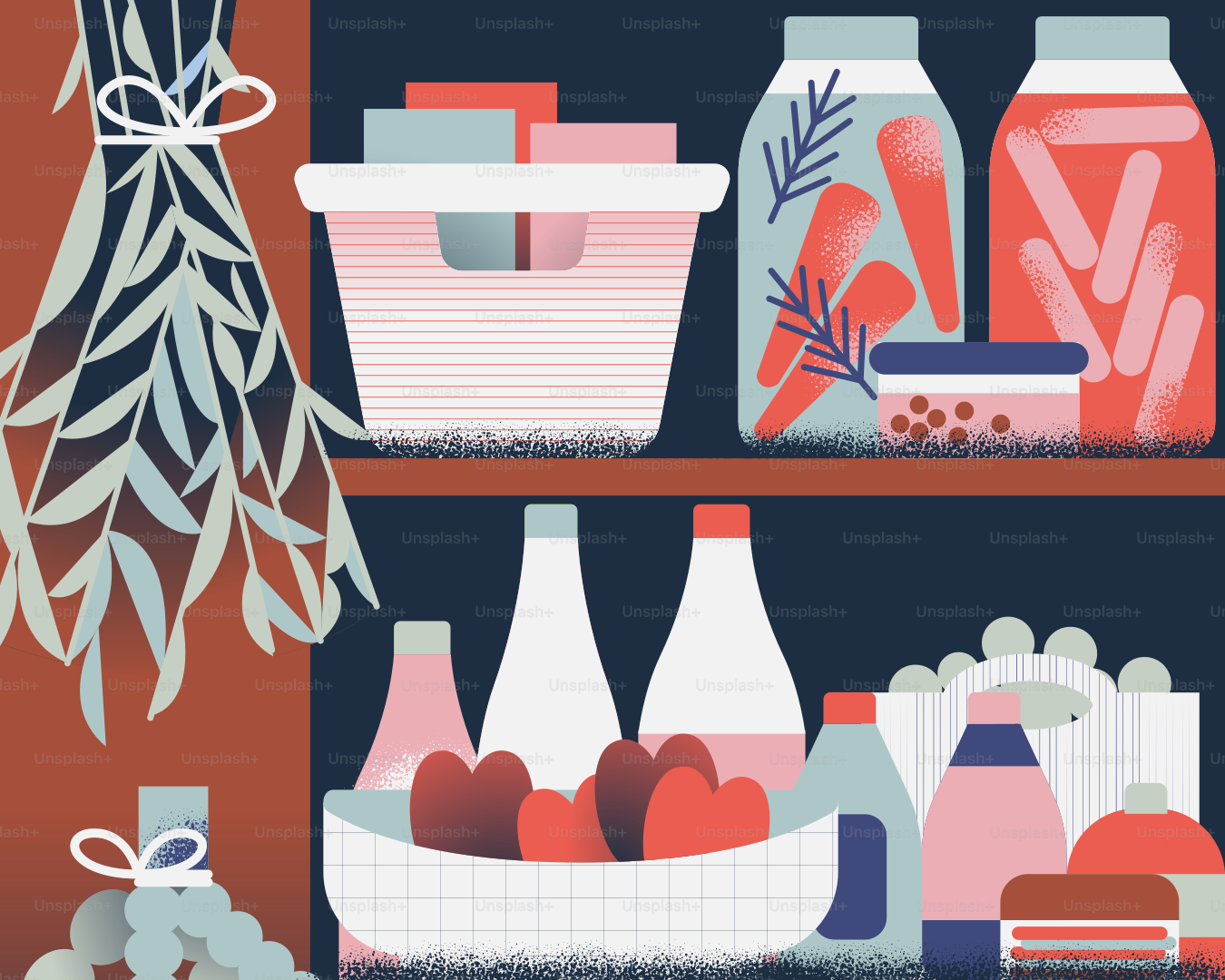 A pantry shelf displays food and ingredients.