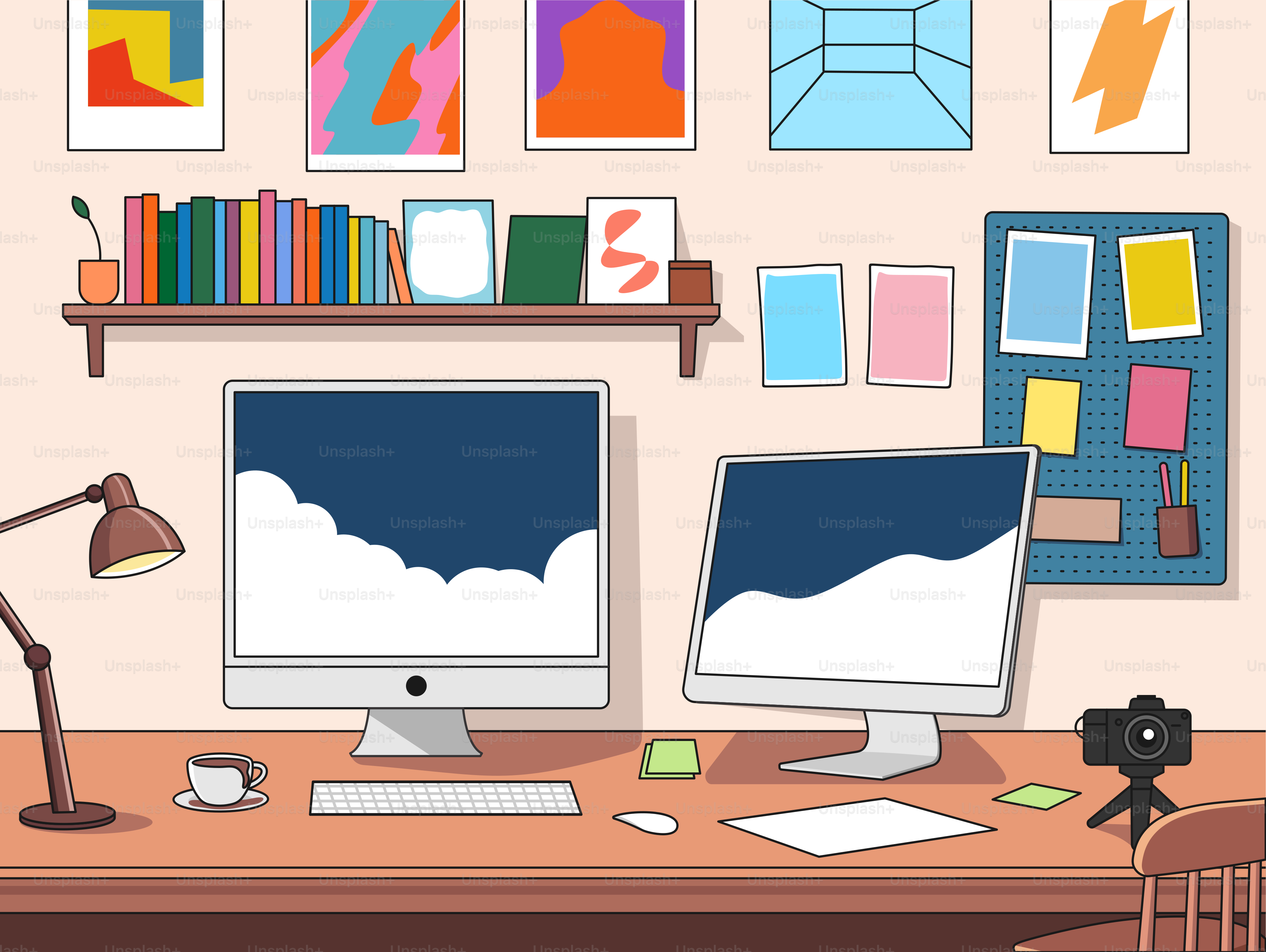 Un espace de travail douillet avec ordinateurs, livres et œuvres d’art.