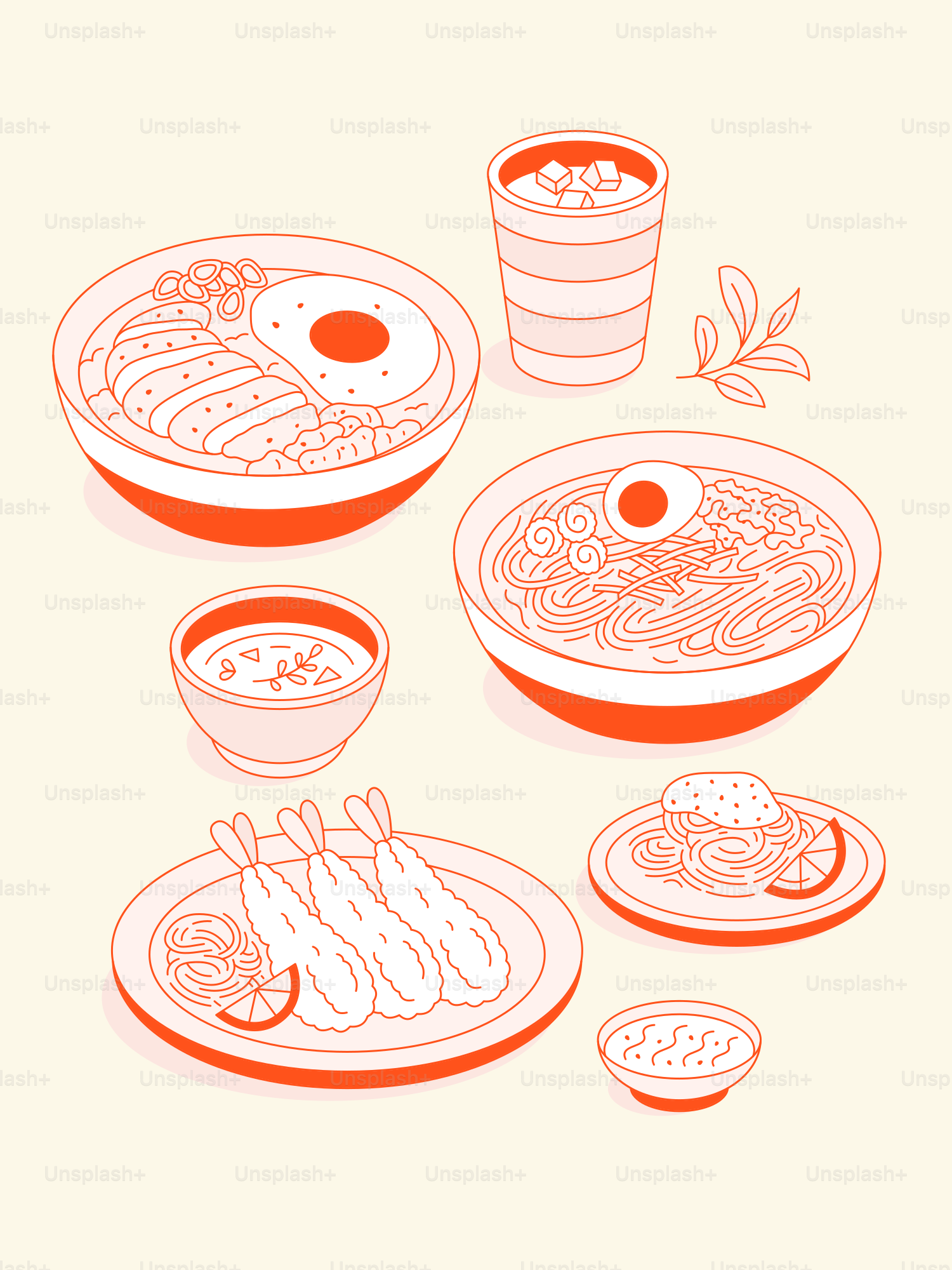 Delicious japanese food, drawn in minimalist style.
