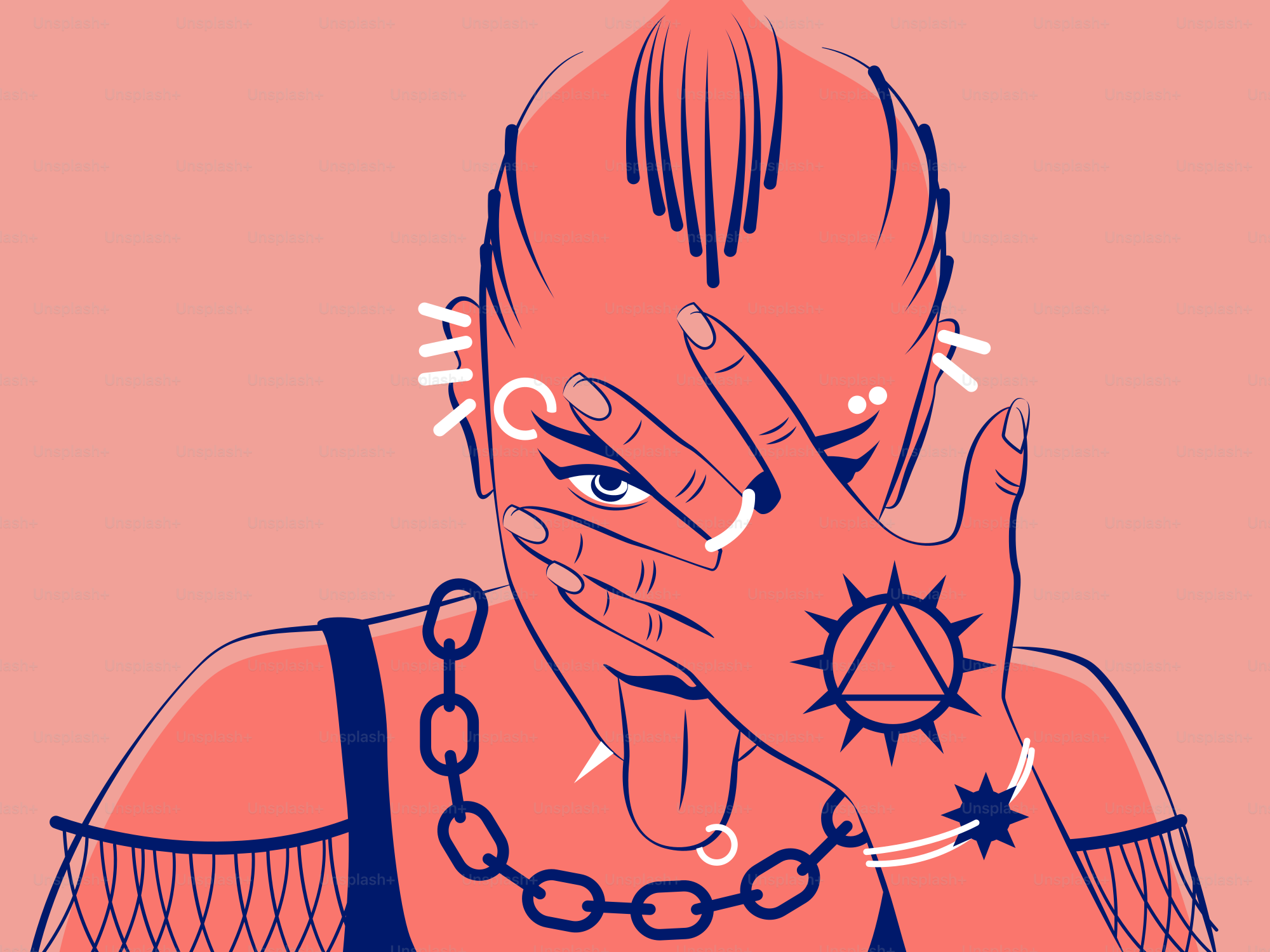 Una persona con tatuajes y piercings cubre la cara.