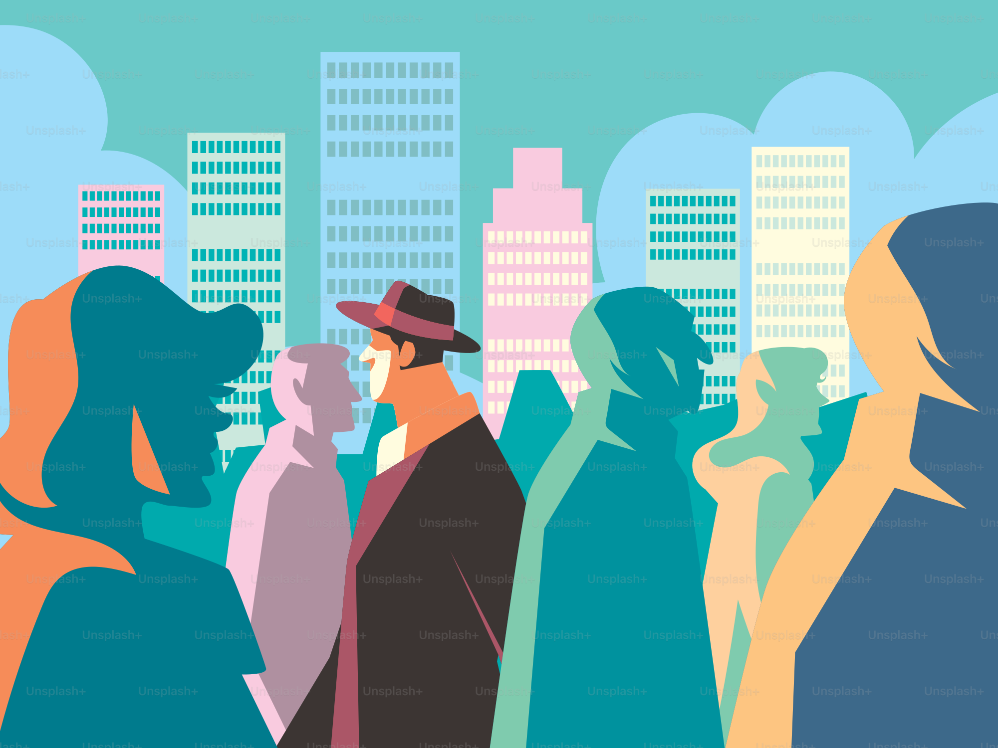 People walking in front of city skyscrapers.