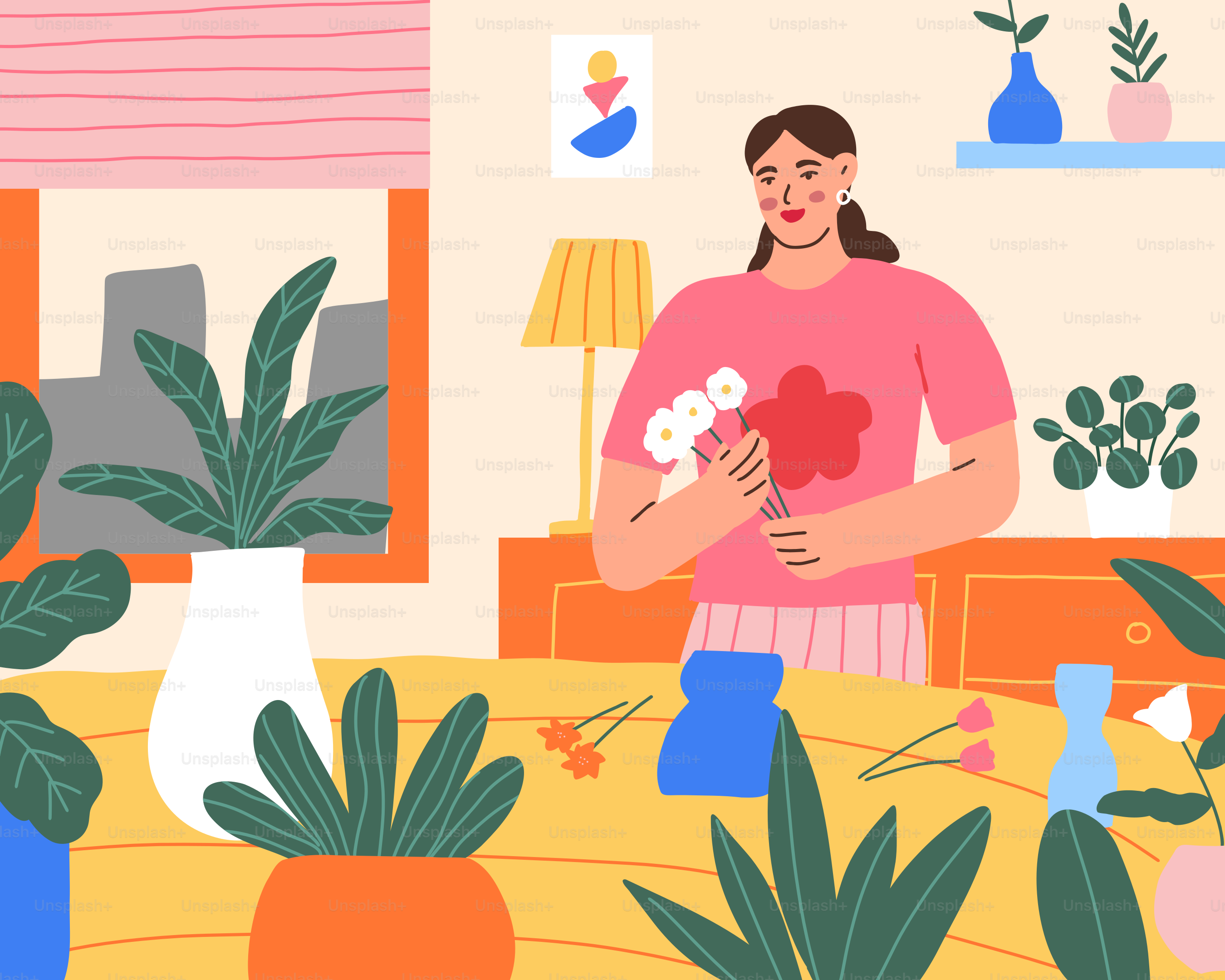 居心地の良い部屋に花を生ける女性。