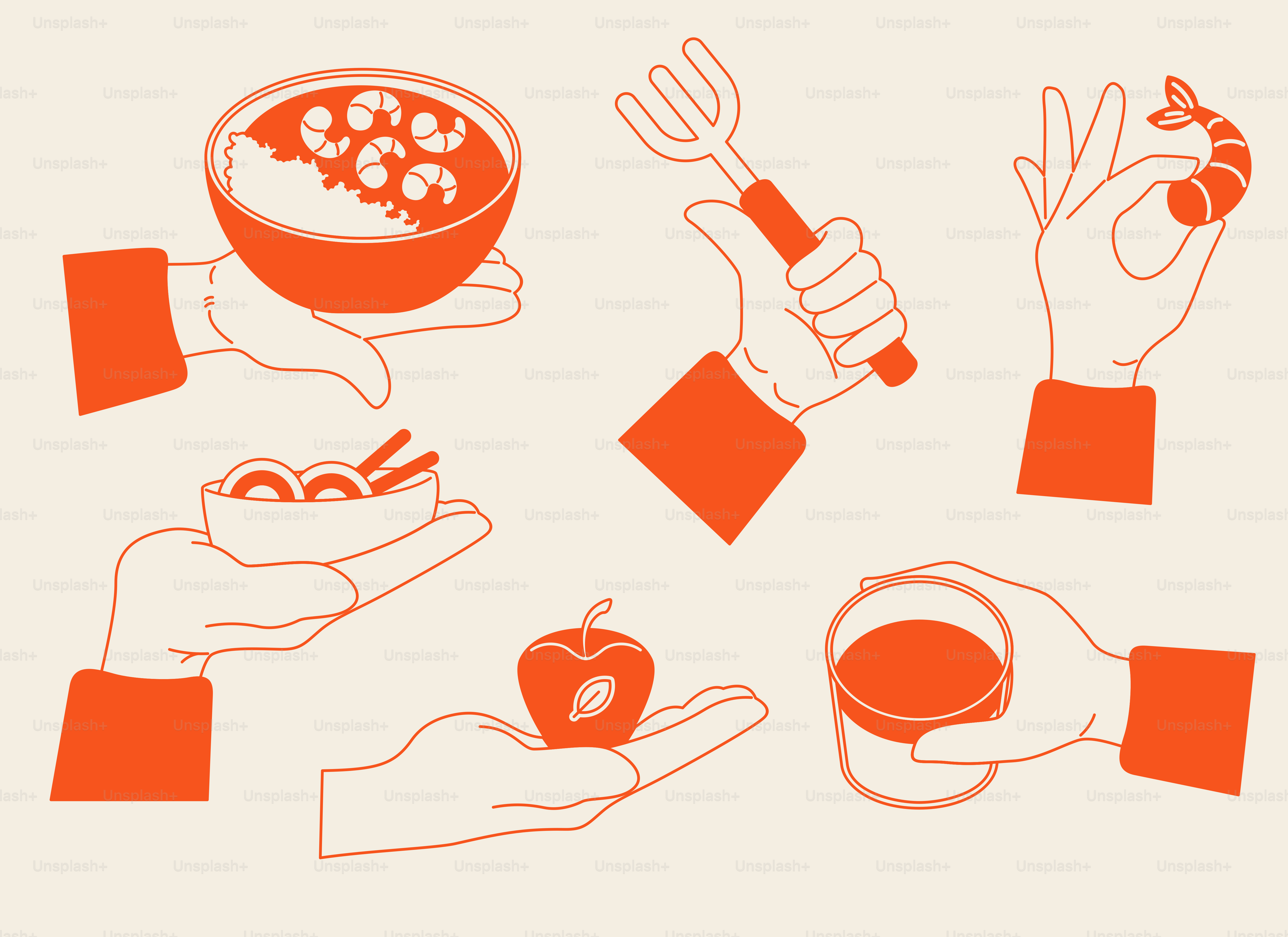 Hands display food items, including shrimp and rice.