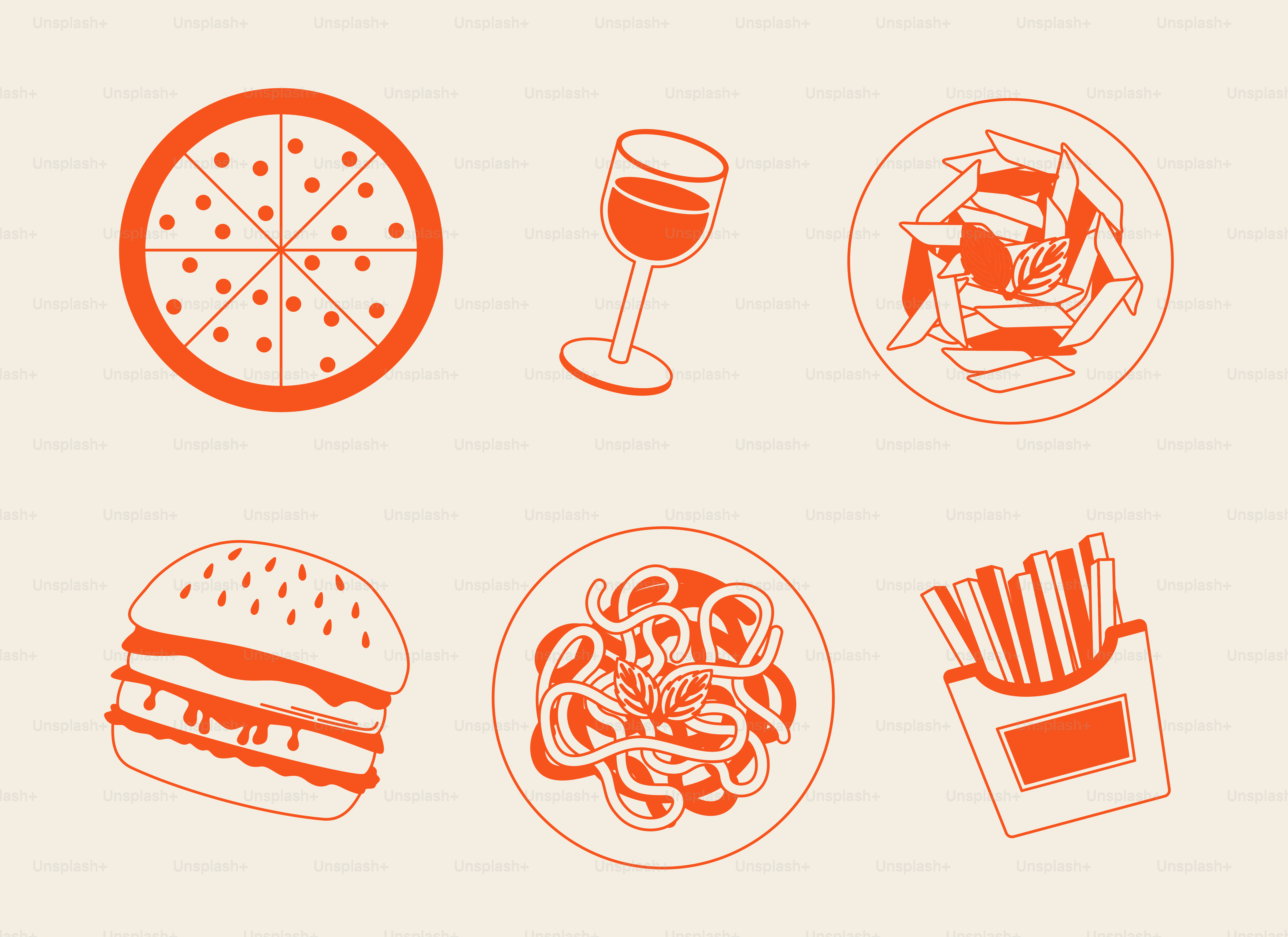 Food and drinks, including pizza, pasta, and wine.