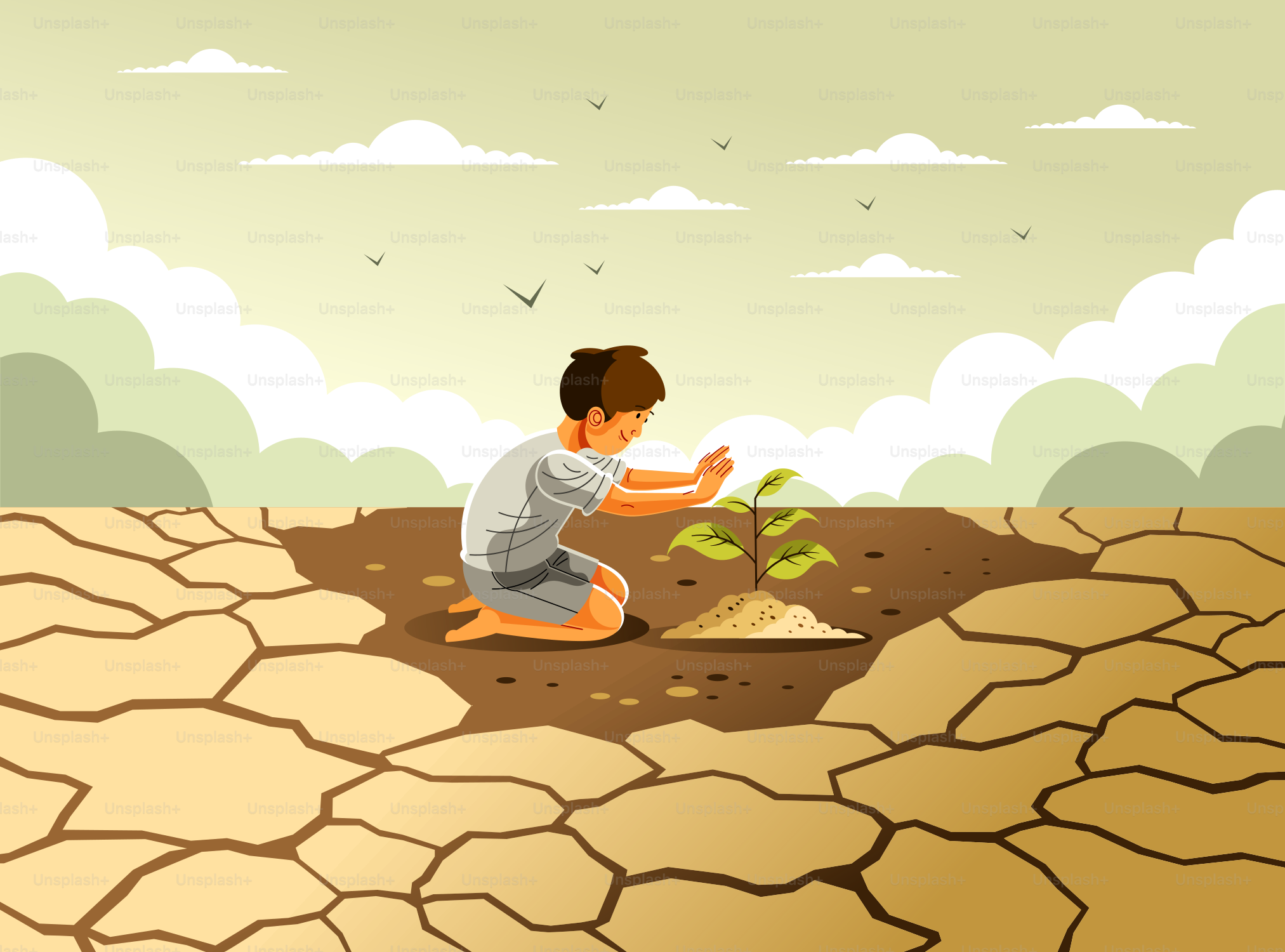 A boy protects a plant in the dry earth.