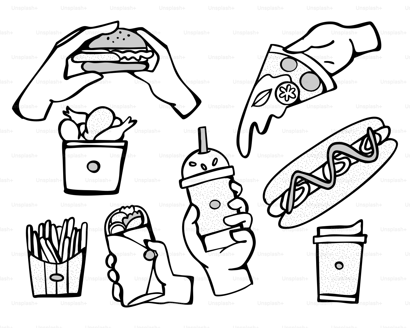 Hands are holding various fast food items.