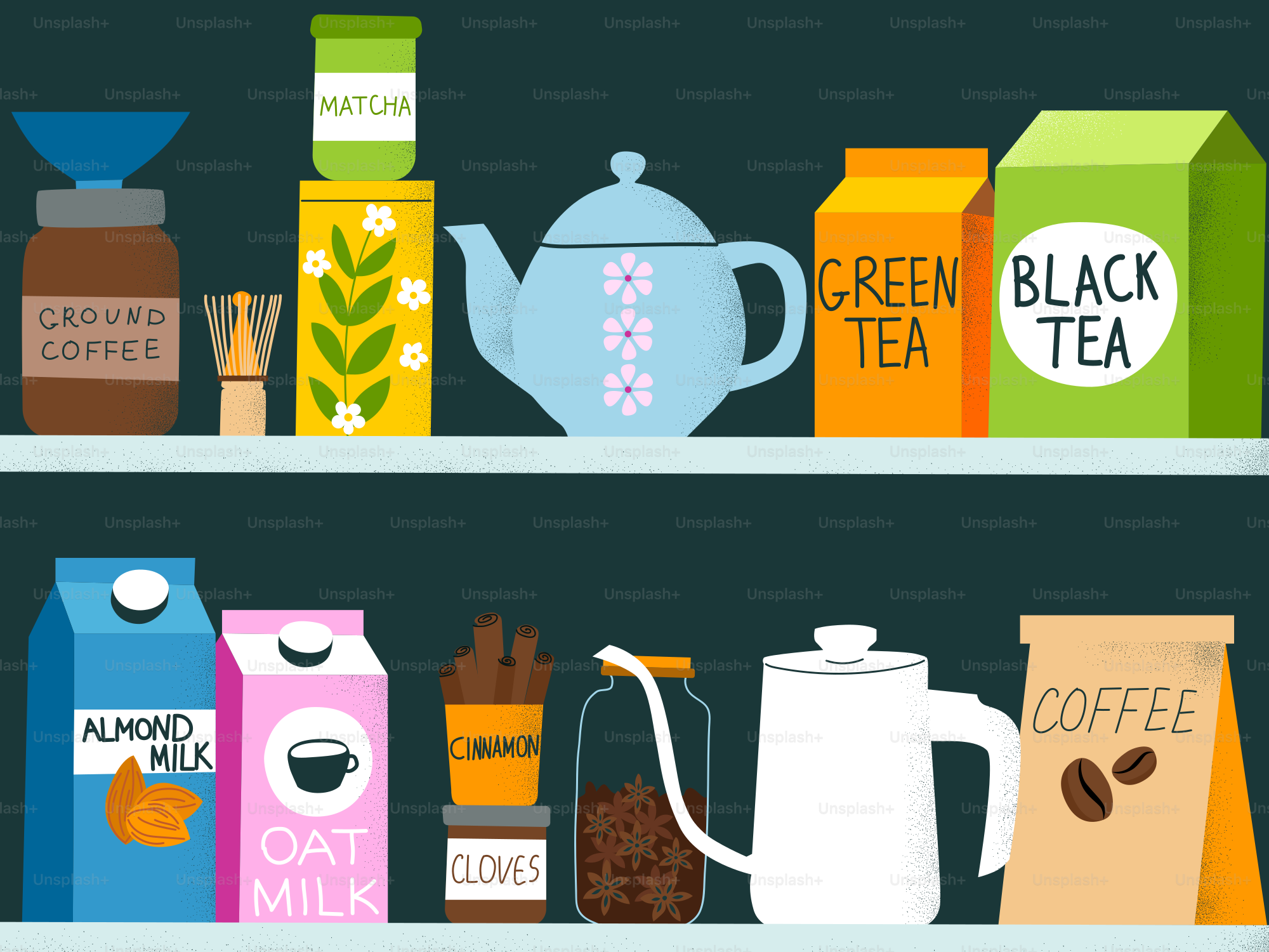 A variety of coffee and tea supplies.