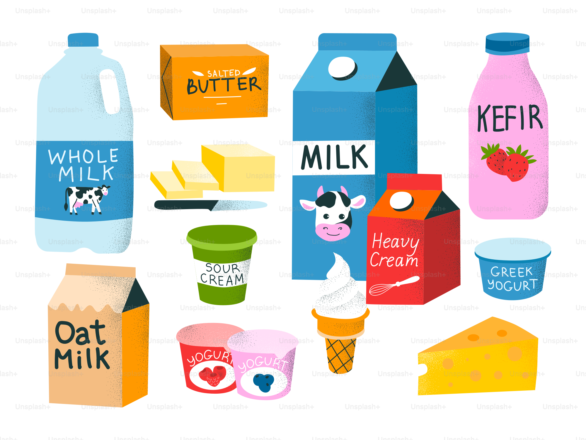 Produtos lácteos, incluindo leite e iogurte, são exibidos.