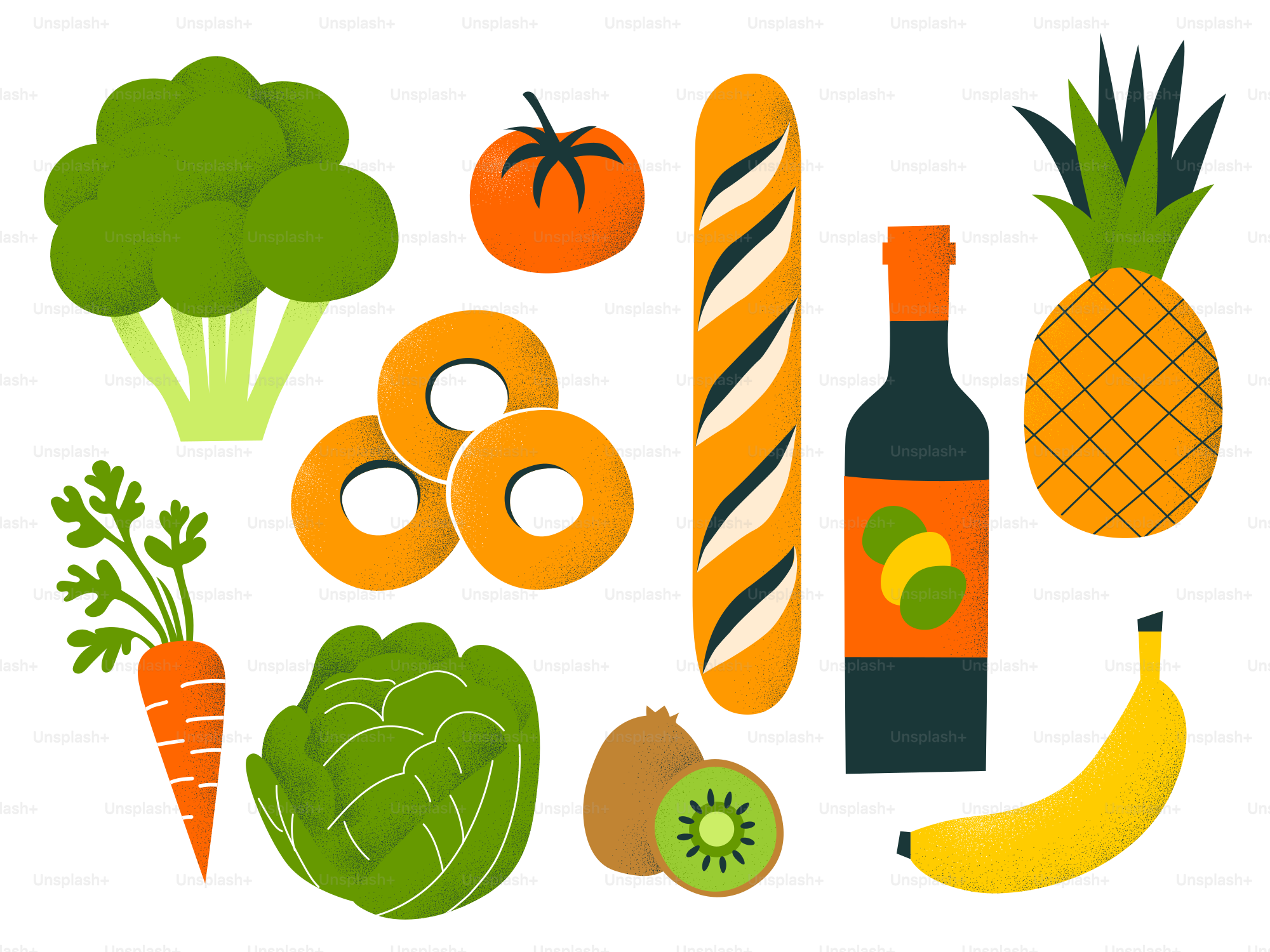 Frutas frescas, legumes e uma garrafa de vinho.