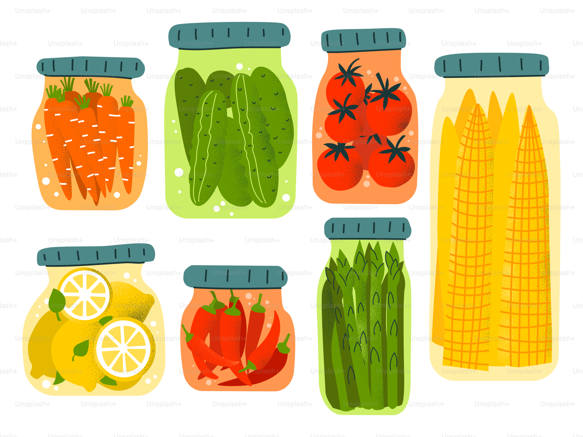 Pickled vegetables and fruits are preserved in jars.