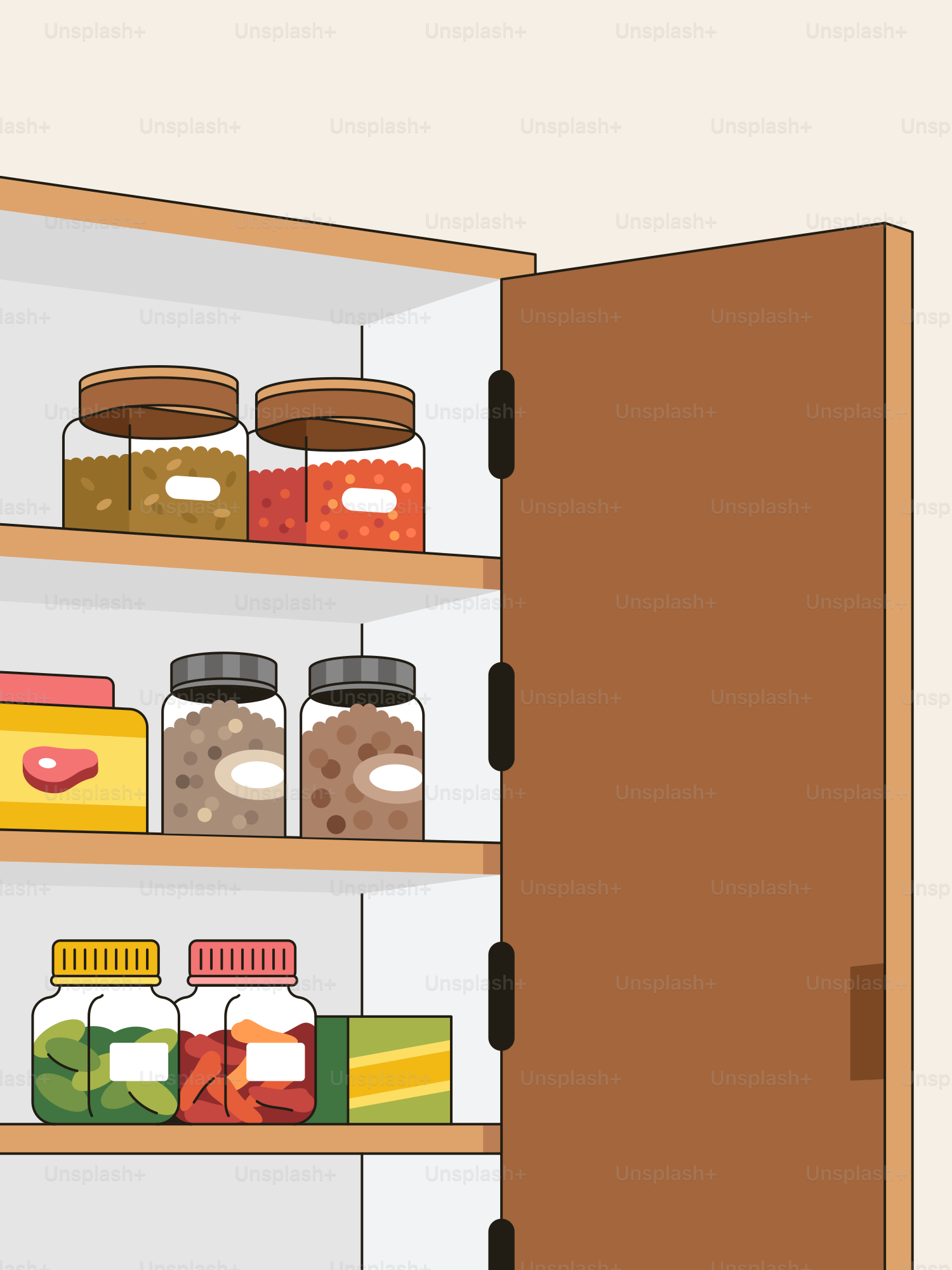 A pantry cabinet filled with various jars and containers.