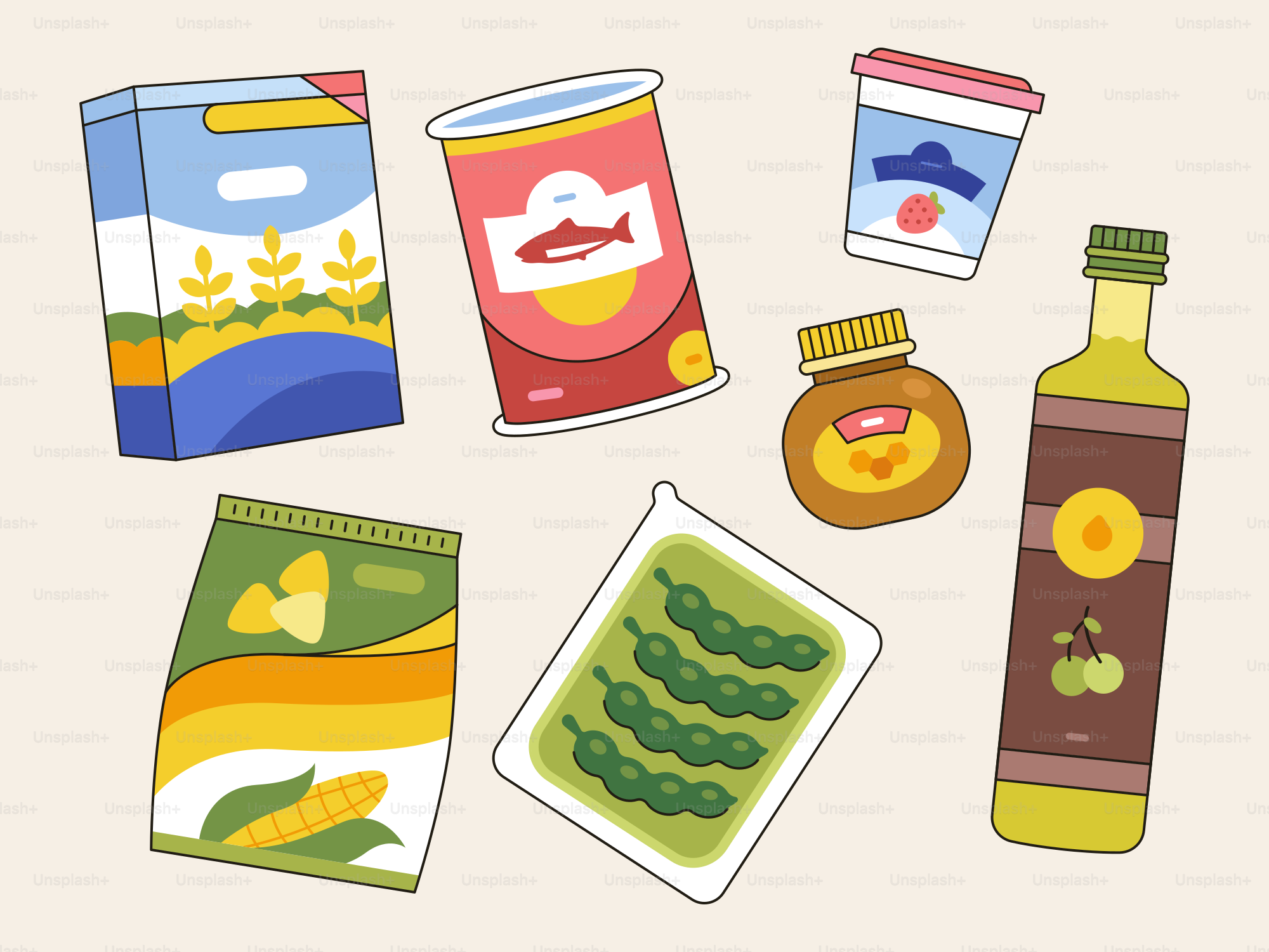 Groceries including milk, oil, fish, snacks, and vegetables.