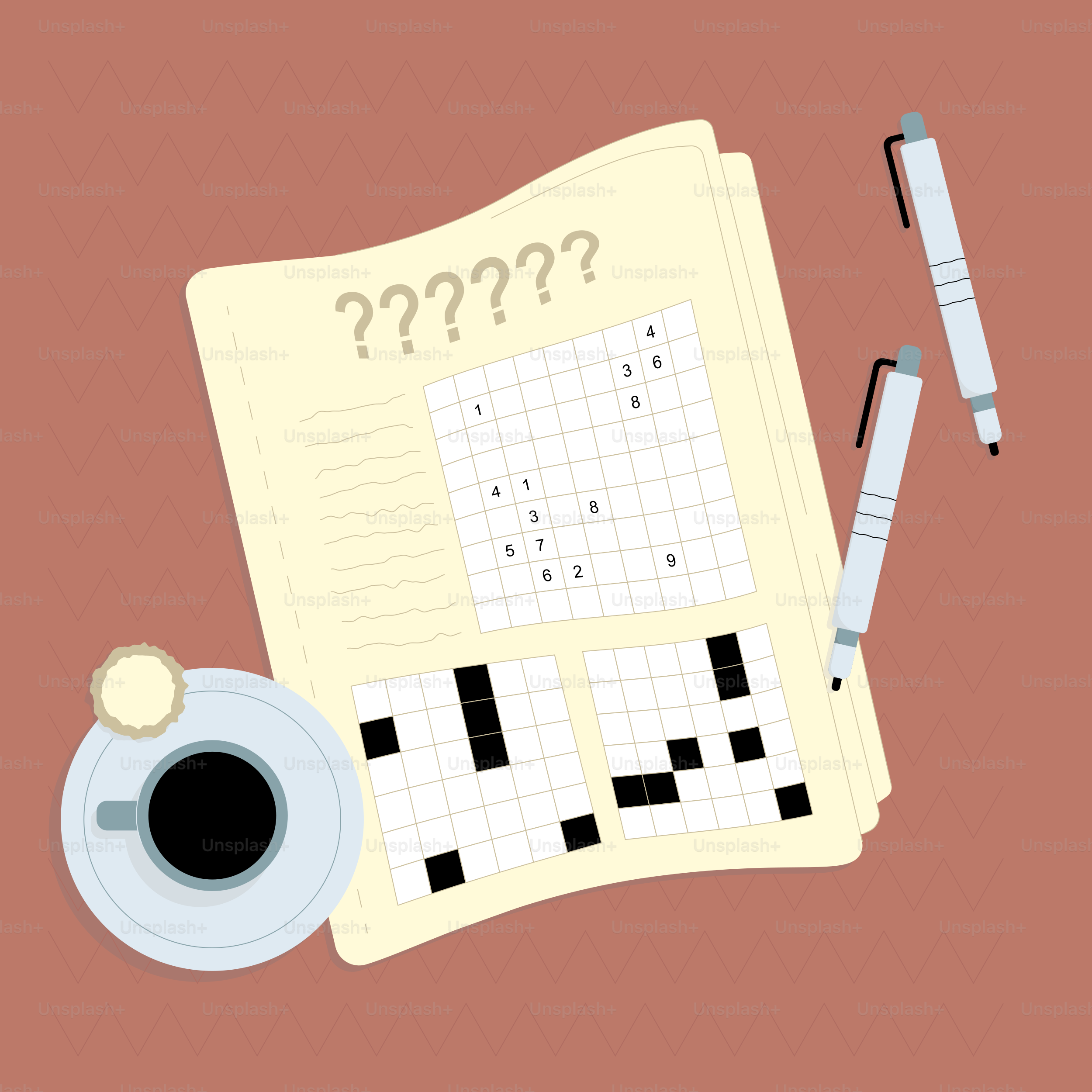 クロスワード、コーヒー、ペン:パズルの準備。