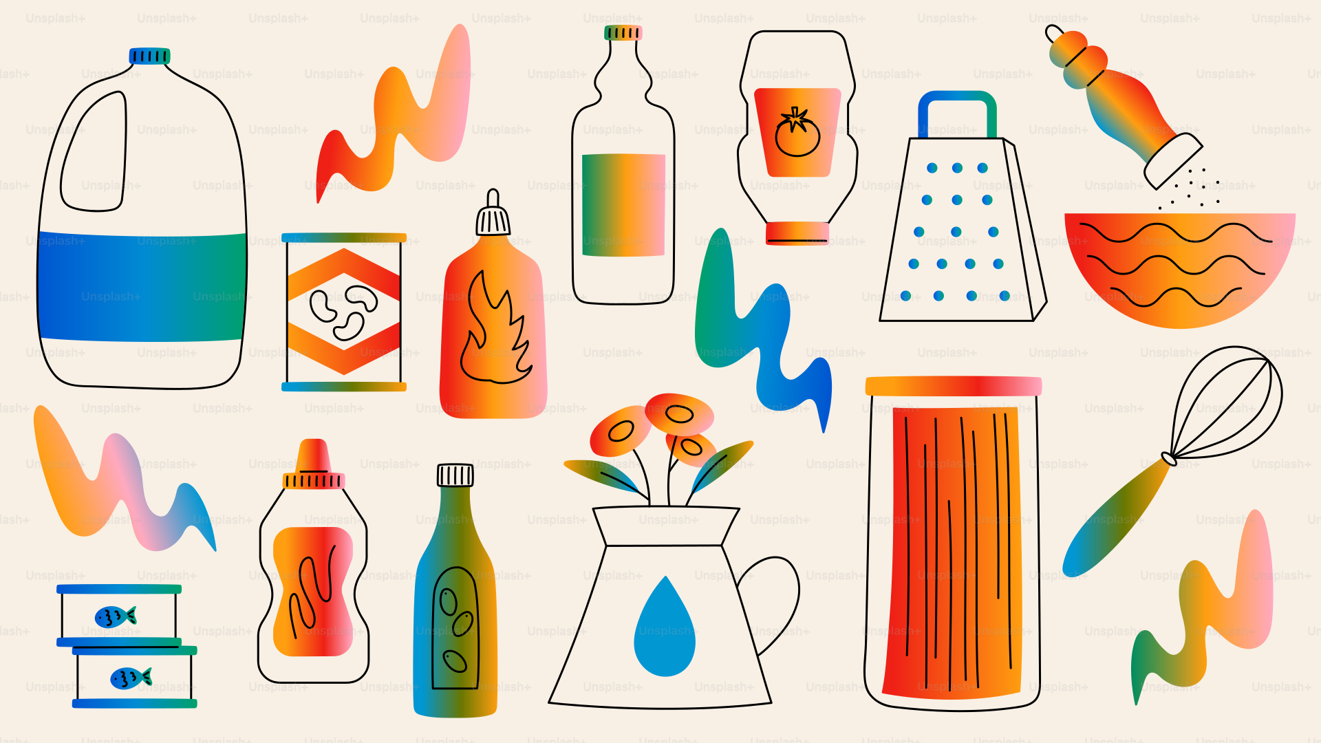 Los elementos esenciales de la cocina se representan en una ilustración colorida.