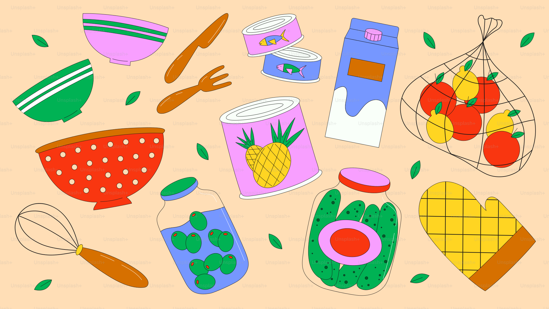 Itens de culinária e alimentos estão espalhados.