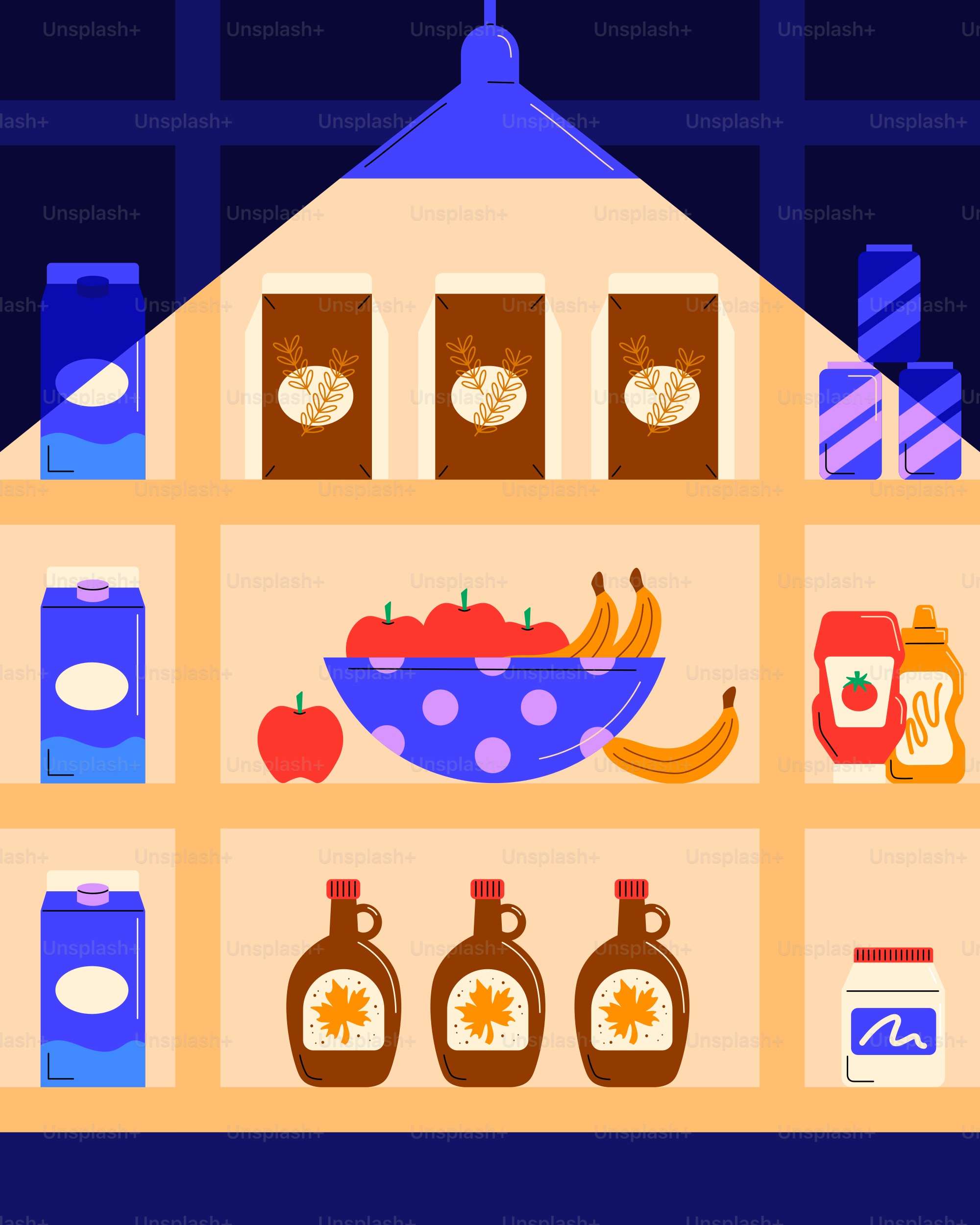 Shelves are stocked with food and drinks.