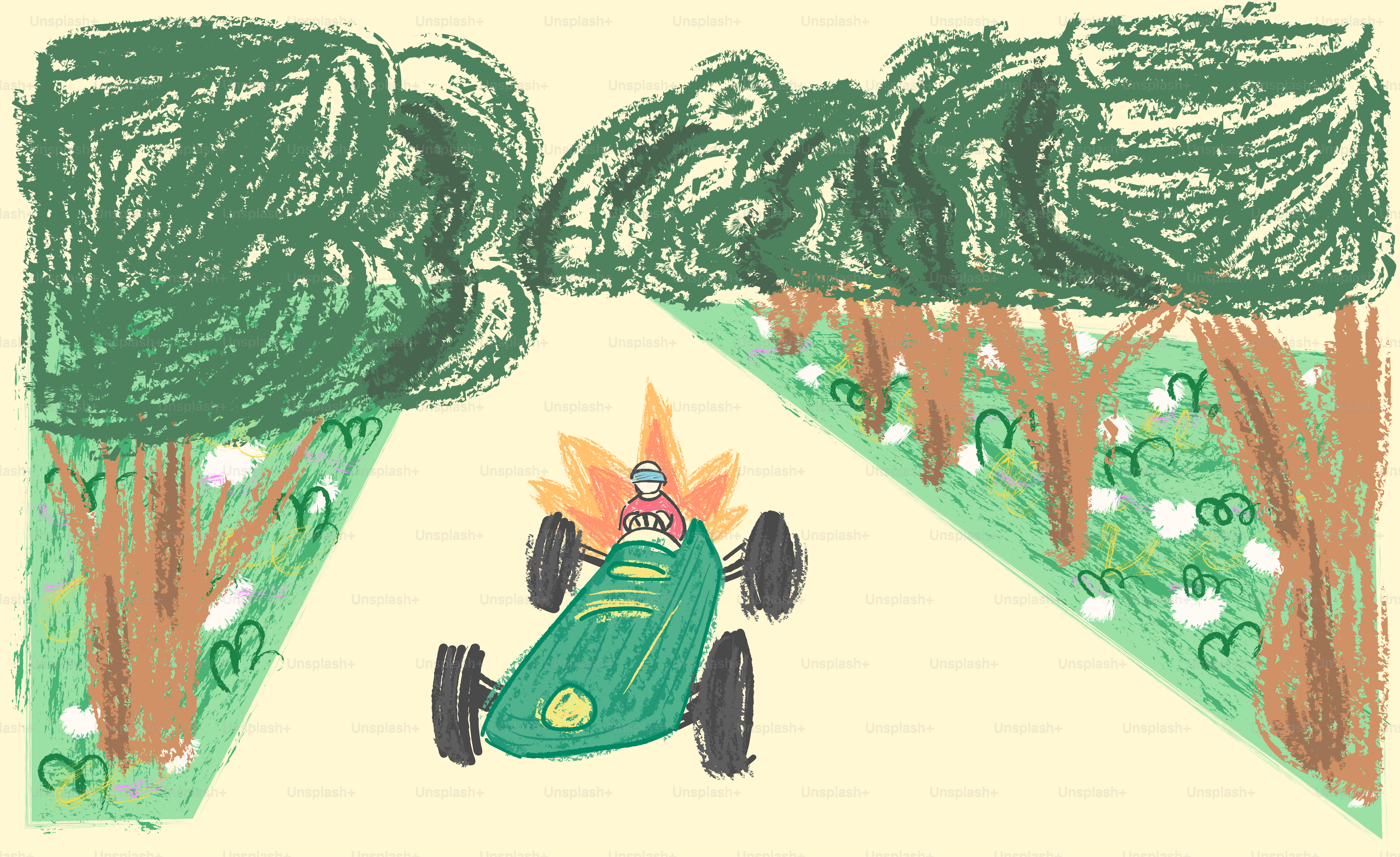A race car speeds through a forest.