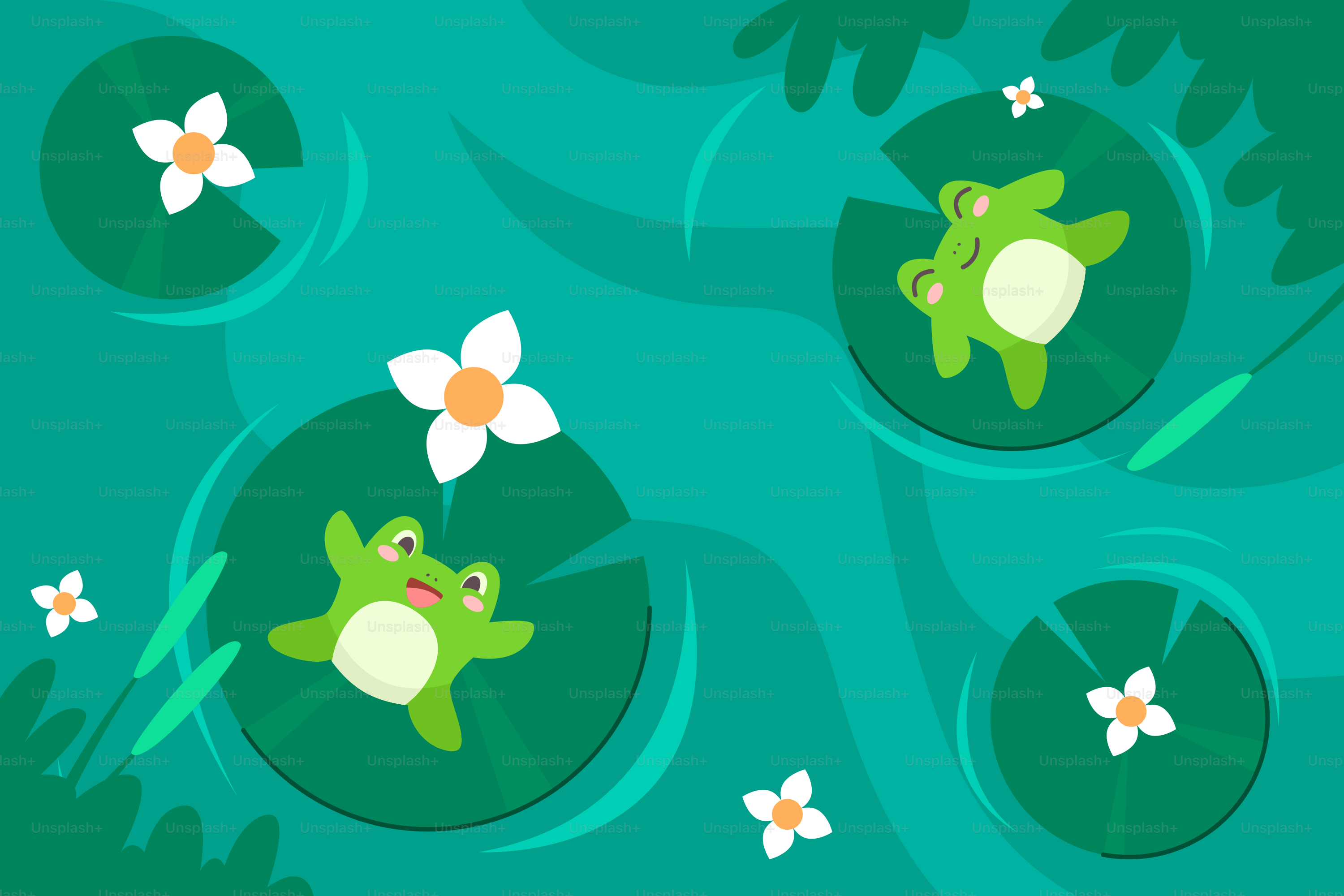 Frogs are relaxing on lily pads in the pond.