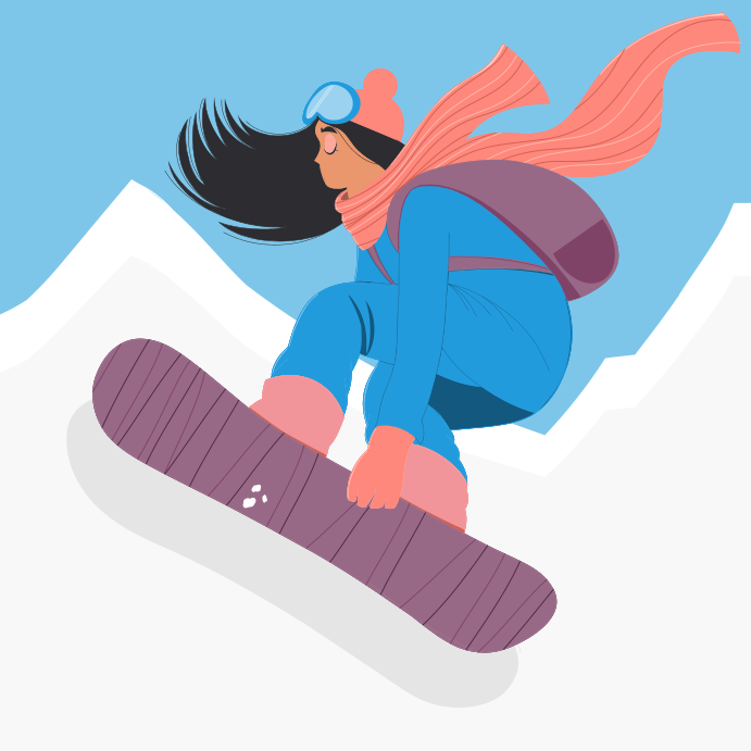 Girl snowboarding down a snowy mountain.