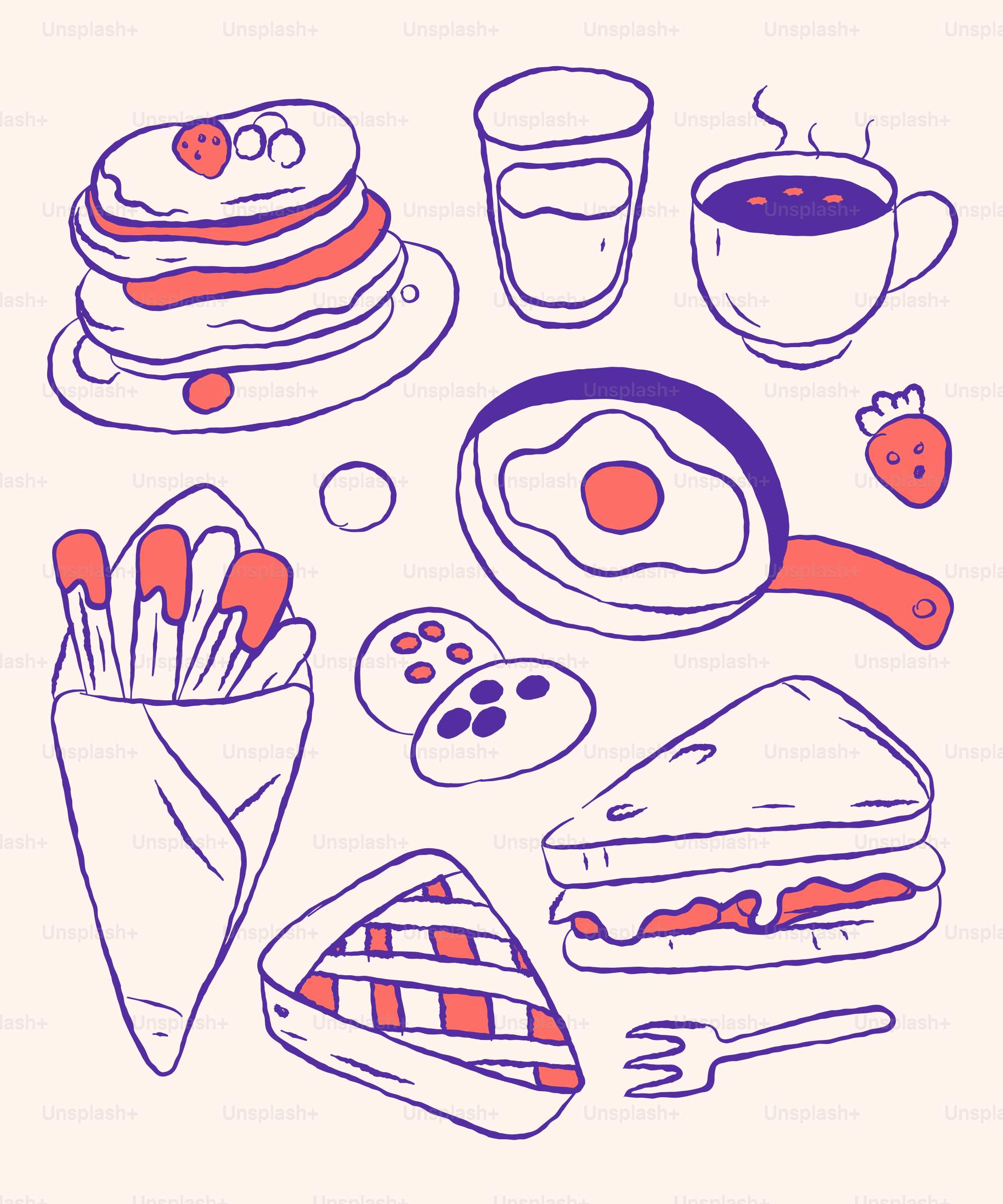 Breakfast food, including pancakes, cookies, and more.