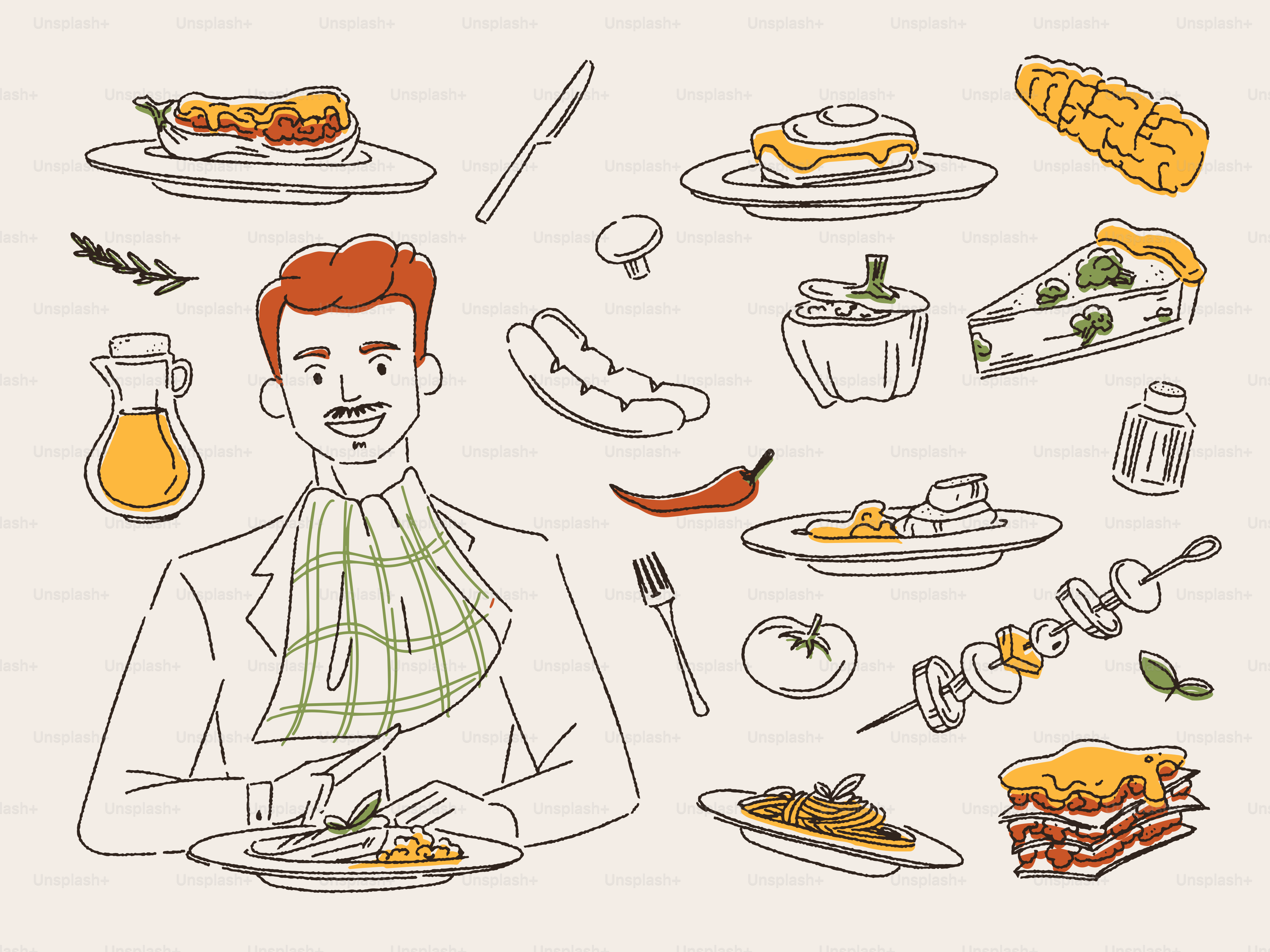 イラストでは男性が多くの美味しい料理を楽しんでいます。