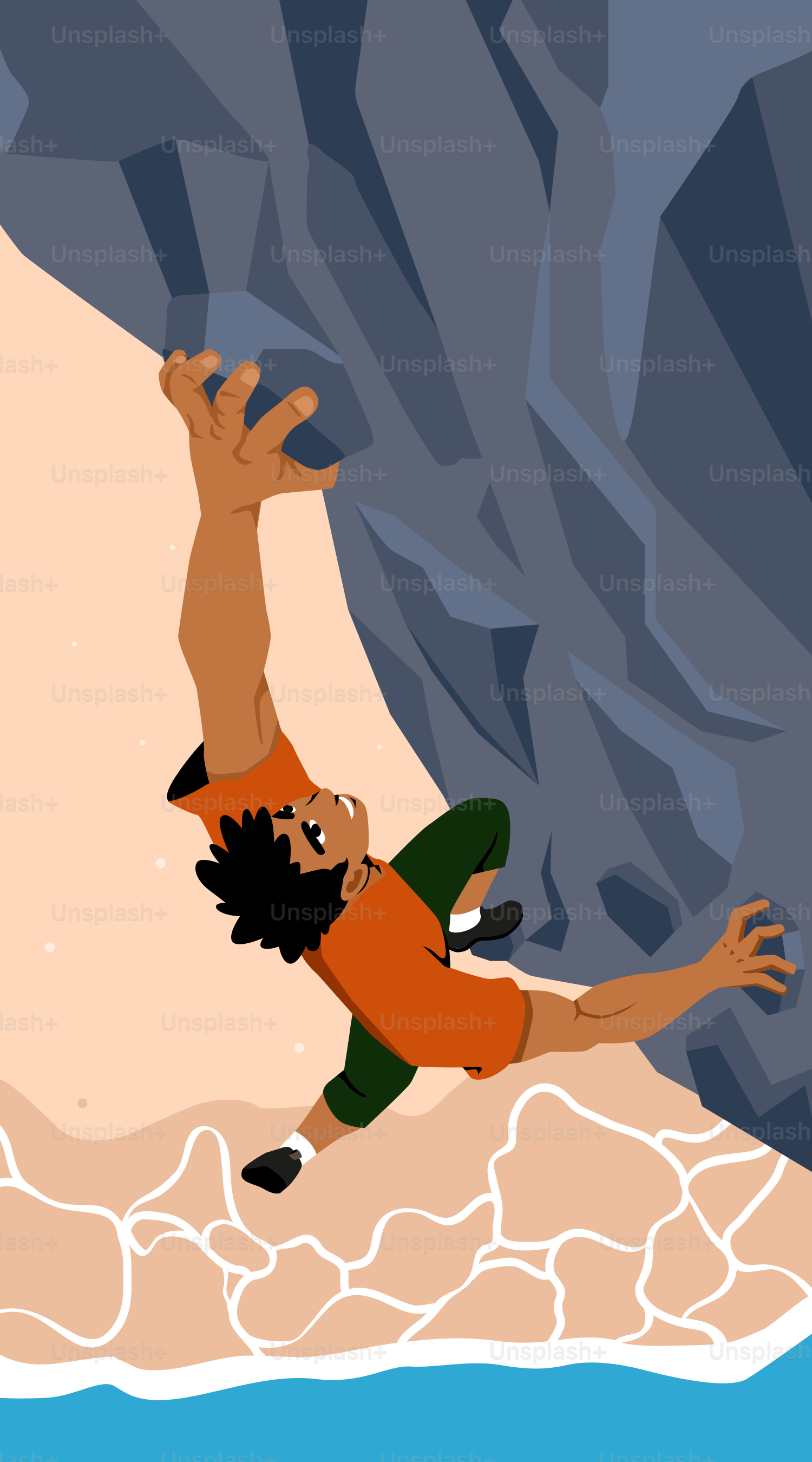 A person is rock climbing near the ocean.