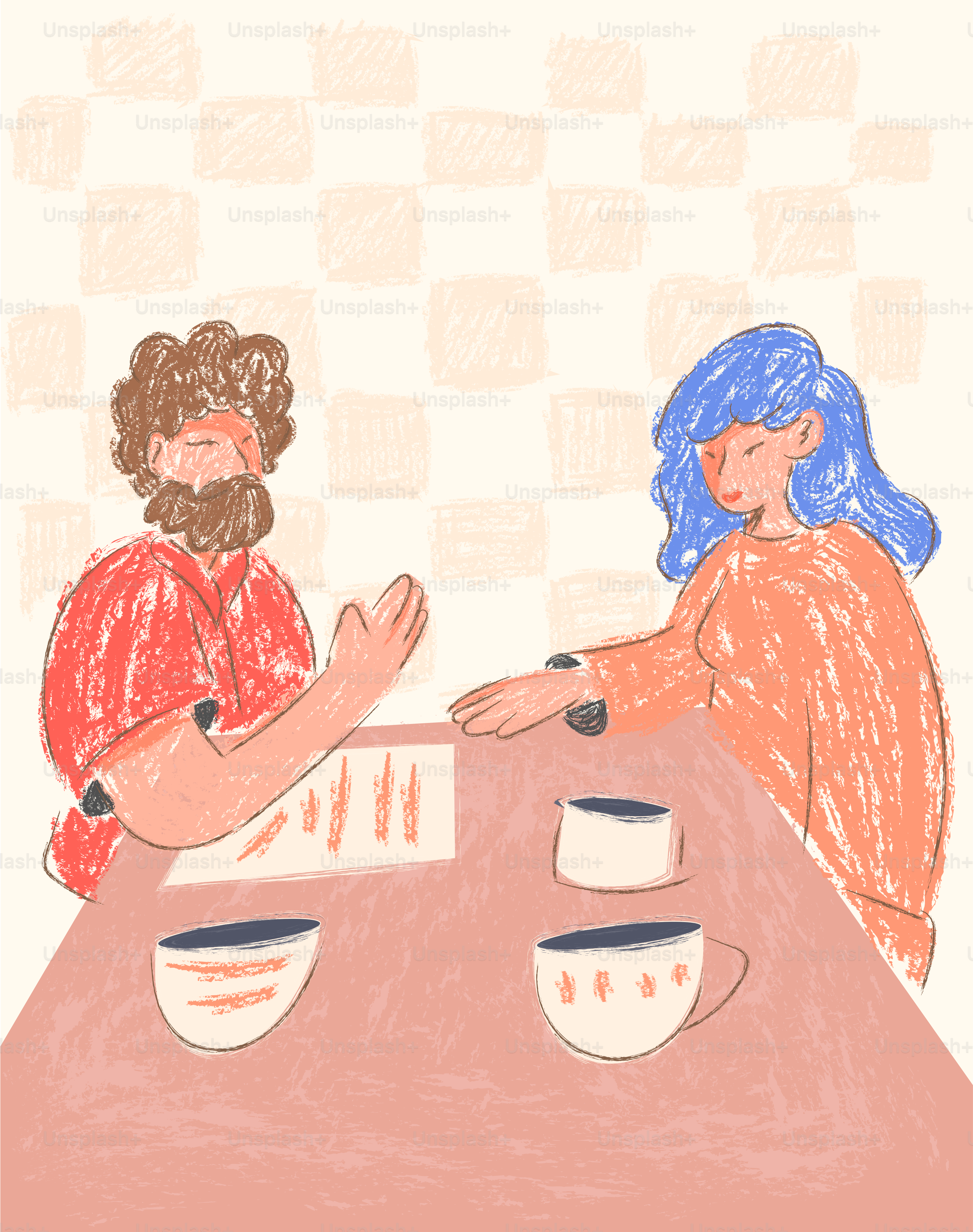 Two people are at a table, perhaps discussing.