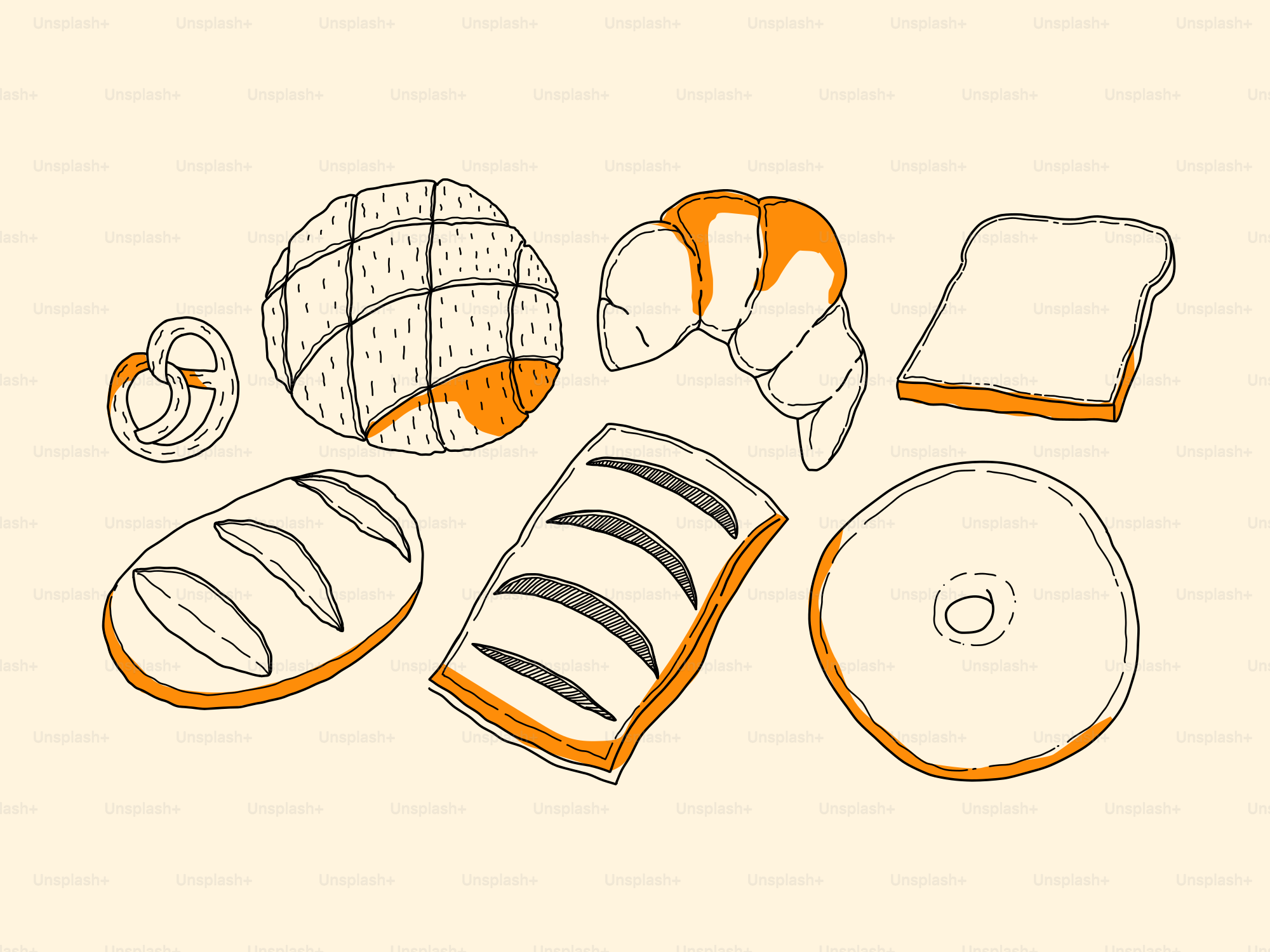 Various baked goods are illustrated on a cream background.