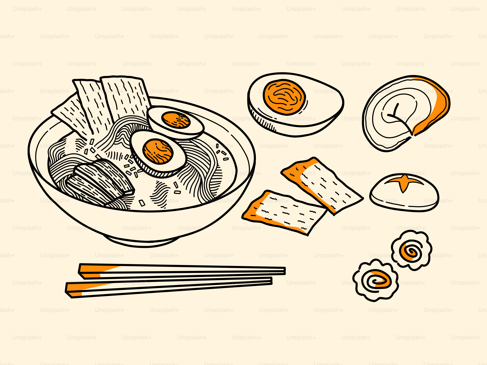 Ramen with toppings and chopsticks are displayed.