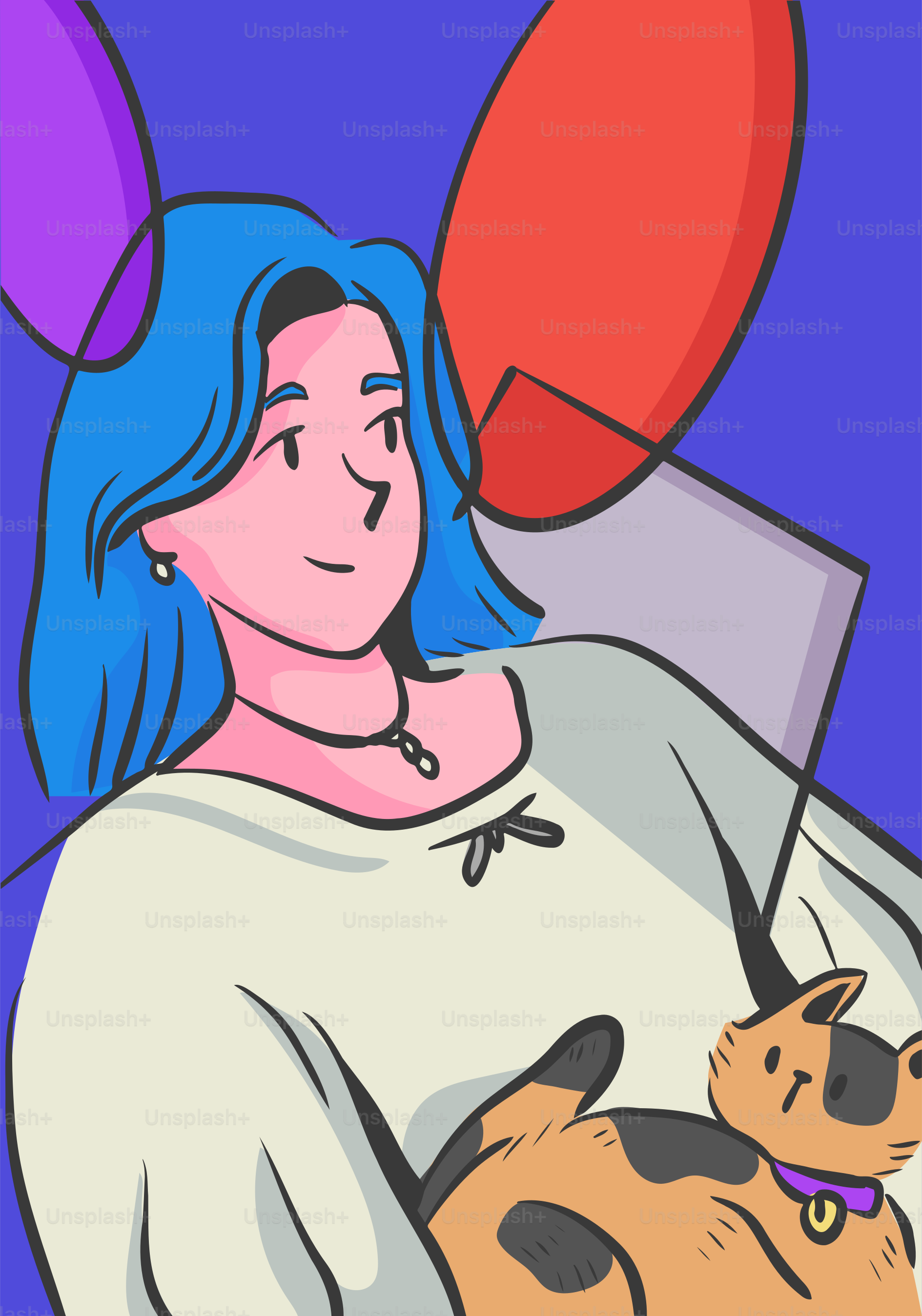 Woman with blue hair and cat, colorful abstract style.