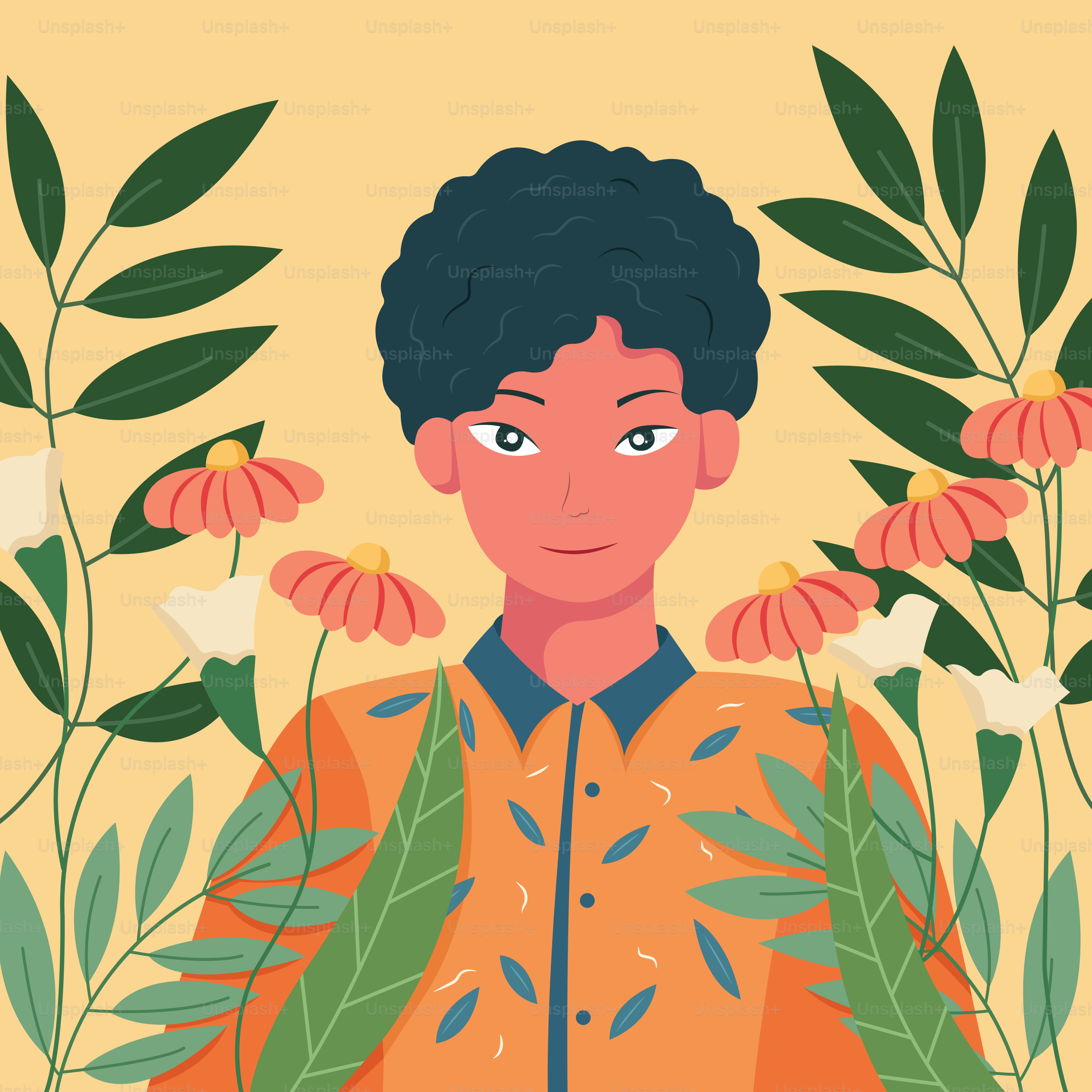 Uma pessoa está entre flores e folhas.